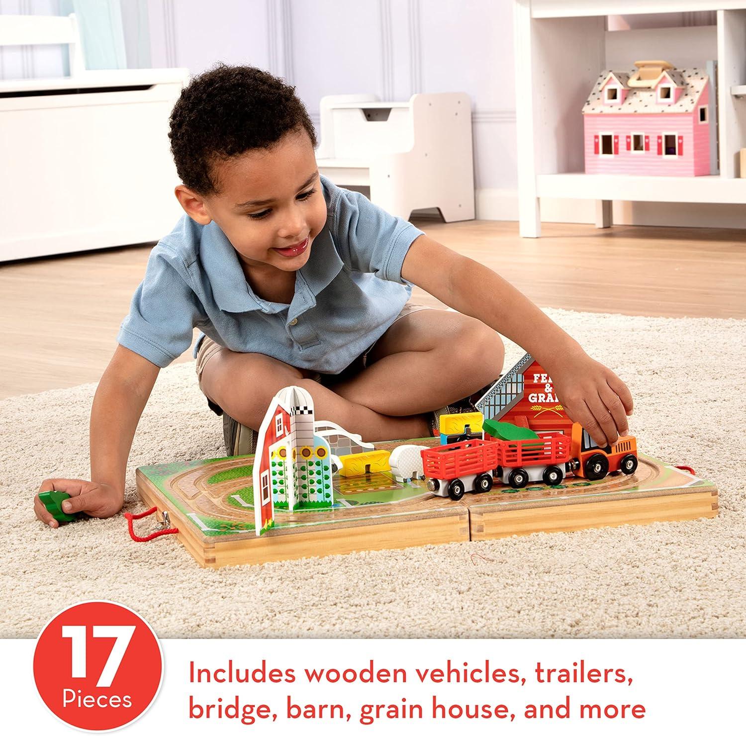 imageMelissa ampamp Doug 17Piece Wooden TakeAlong Tabletop Farm 4 Farm Vehicles Play Pieces Barn Grain House TakeAlong Pretend Play Toy Barn Toys for Toddlers Ages 1