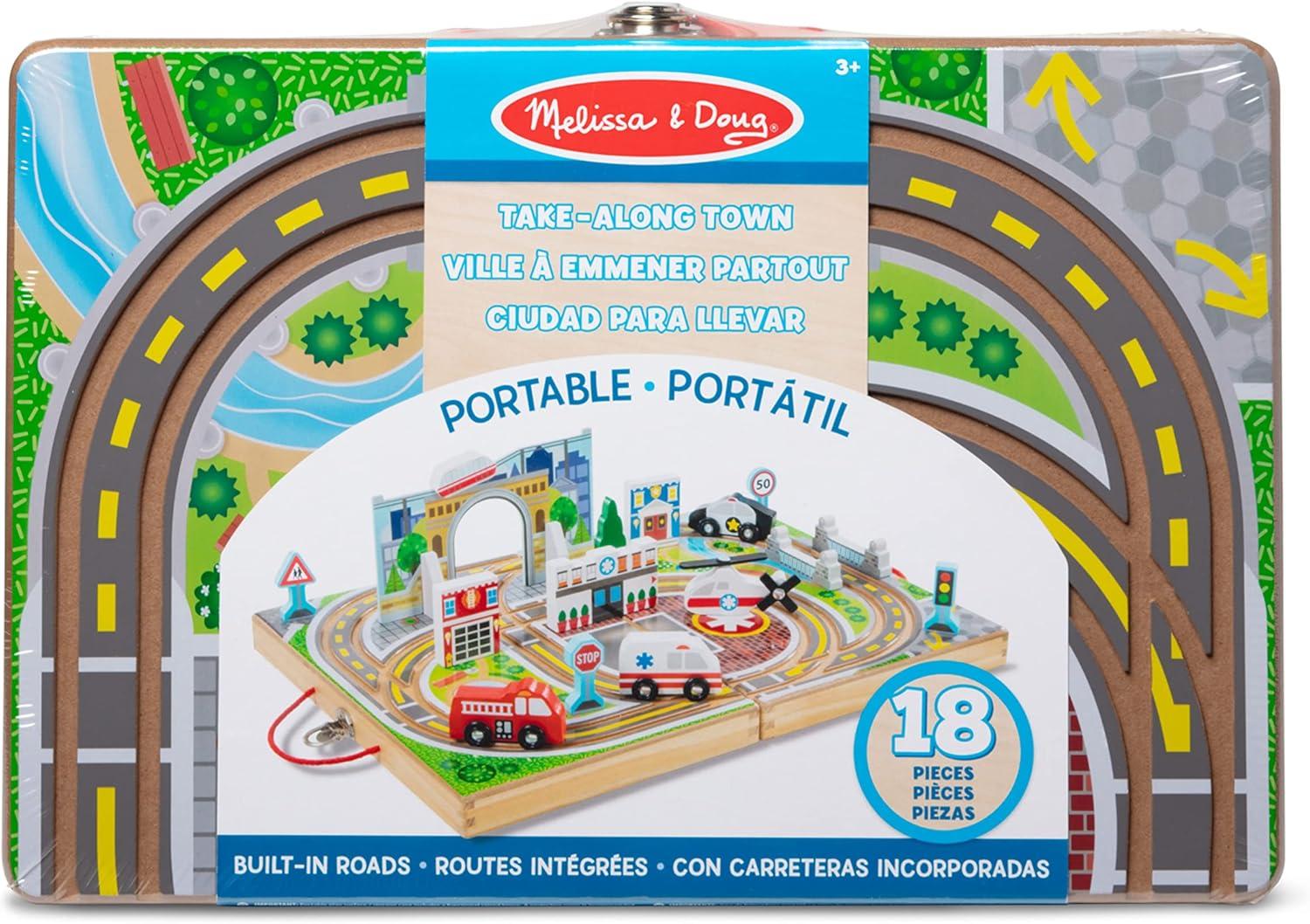 imageMelissa ampamp Doug 18Piece Wooden TakeAlong Tabletop Town 4 Rescue Vehicles Play Pieces Bridge