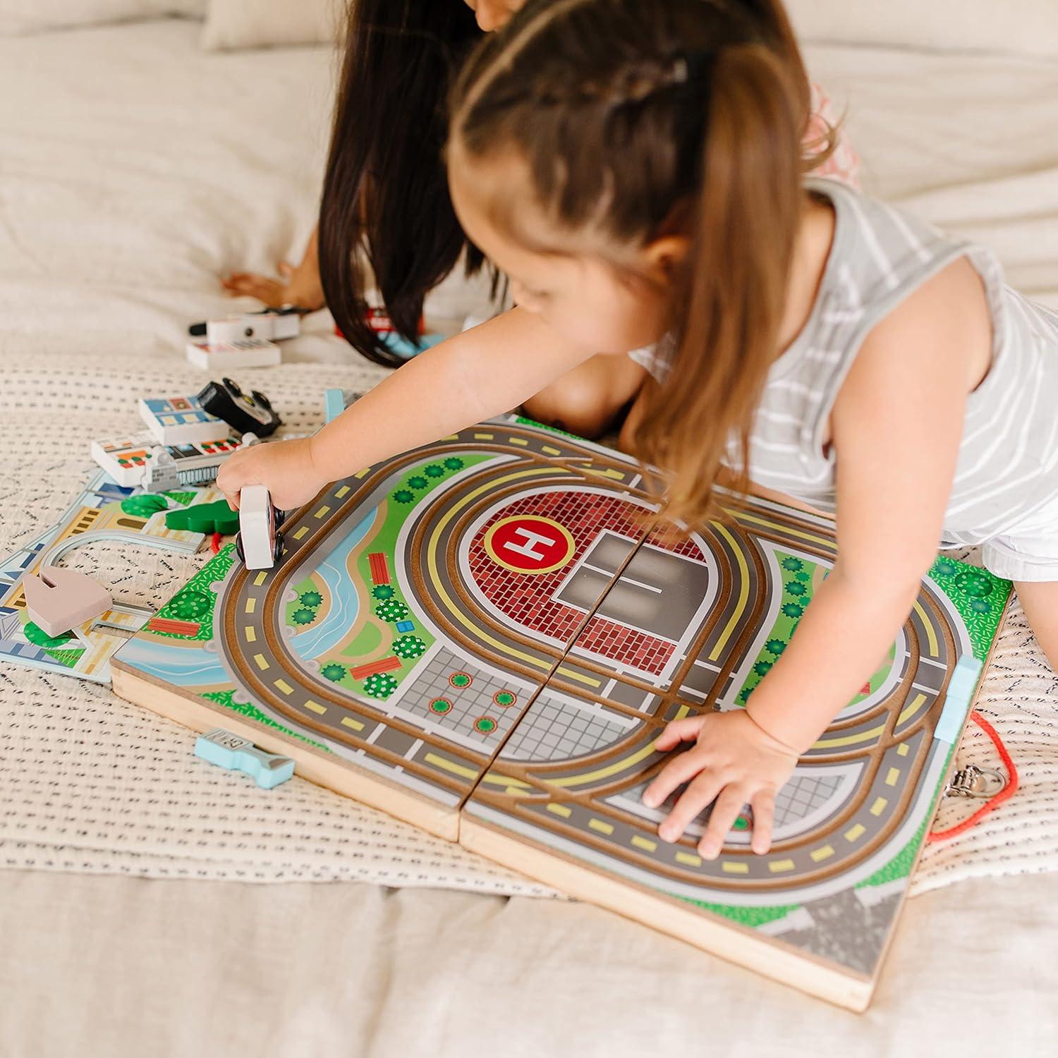 imageMelissa ampamp Doug 18Piece Wooden TakeAlong Tabletop Town 4 Rescue Vehicles Play Pieces Bridge