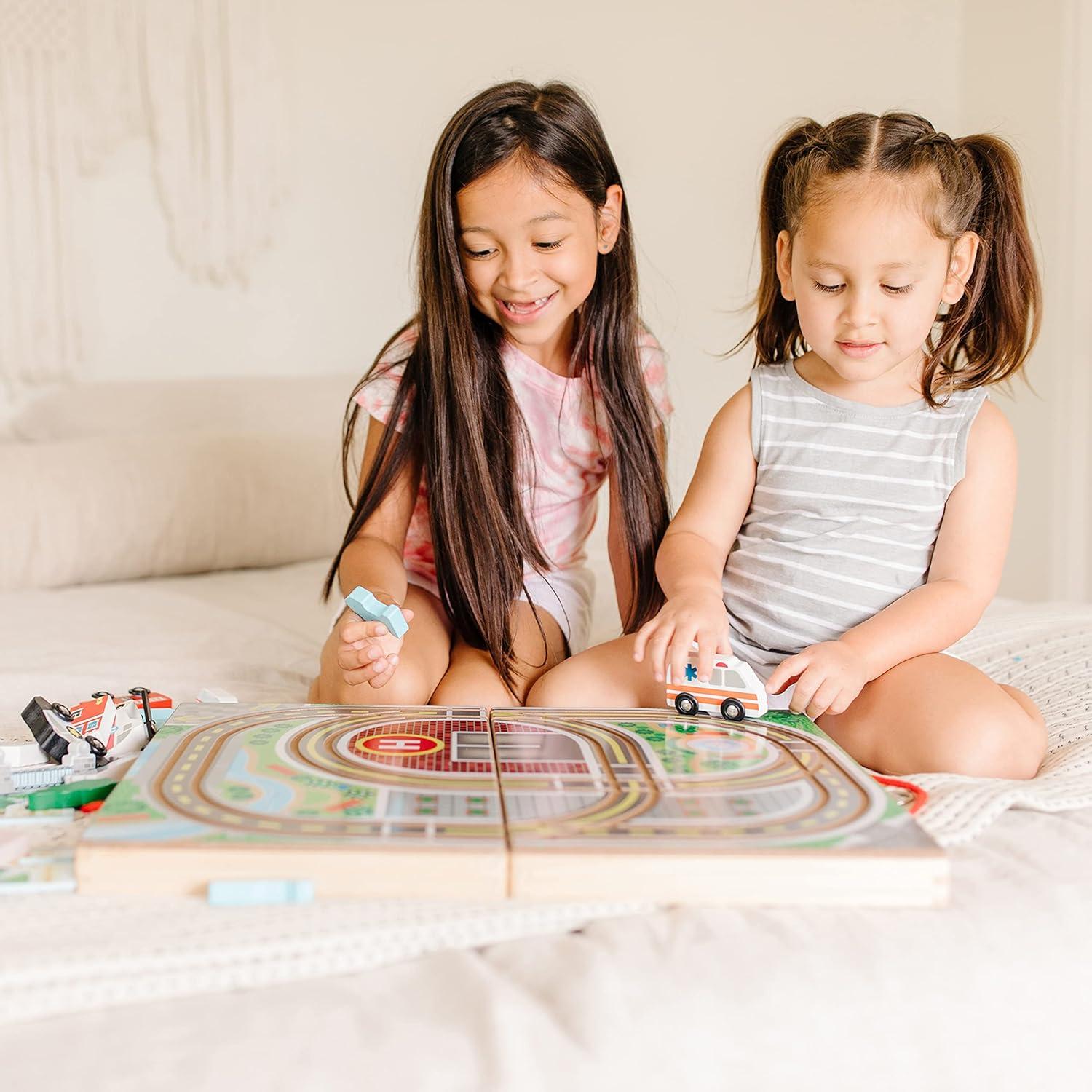 imageMelissa ampamp Doug 18Piece Wooden TakeAlong Tabletop Town 4 Rescue Vehicles Play Pieces Bridge