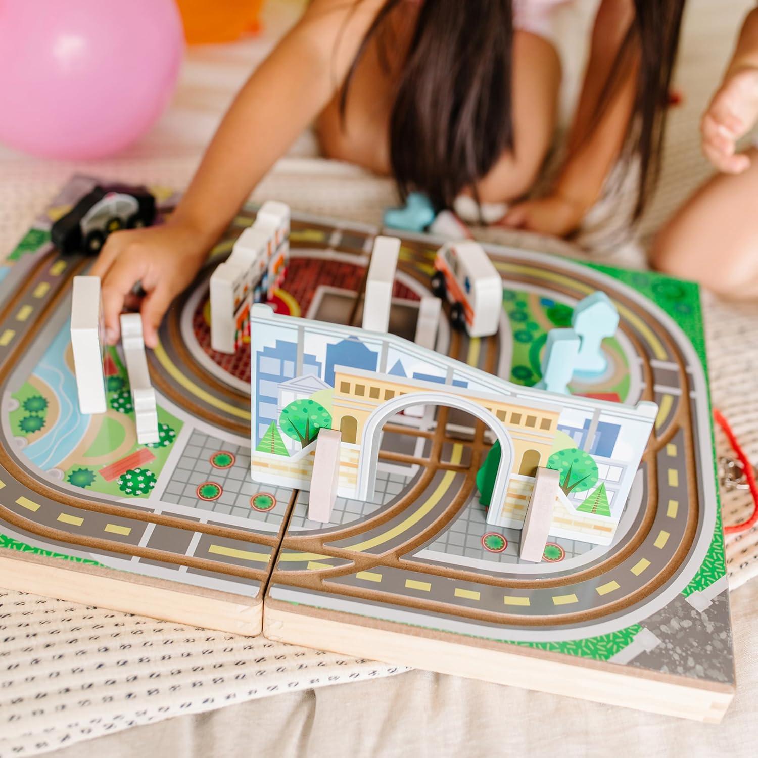 imageMelissa ampamp Doug 18Piece Wooden TakeAlong Tabletop Town 4 Rescue Vehicles Play Pieces Bridge