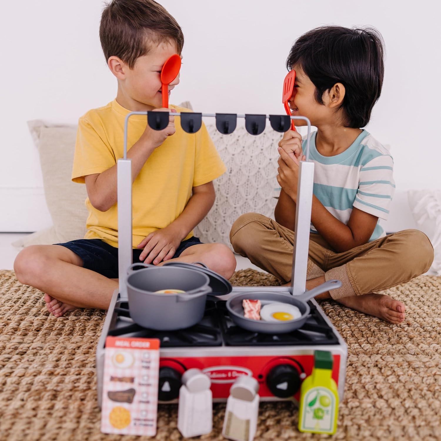 imageMelissa ampamp Doug 19Piece Deluxe Wooden Cooktop Set with Wooden Play Food Durable Pot and Pan