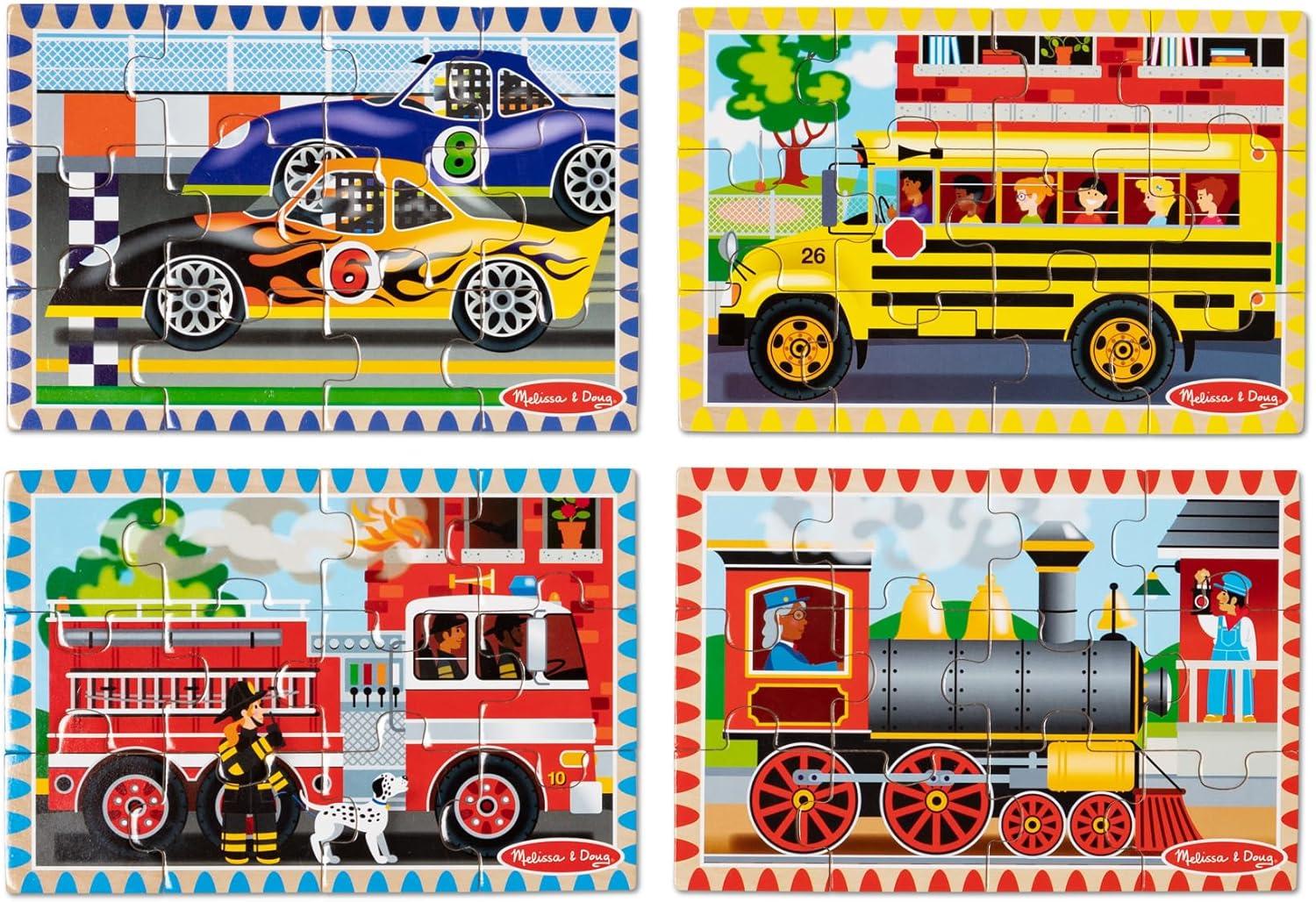 imageMelissa ampamp Doug 4in1 Wooden Dinosaur Jigsaw Puzzle Set 48 Pieces with Storage Box Toddler Puzzle Toy for Kids Ages 3  FSC CertifiedVehicles