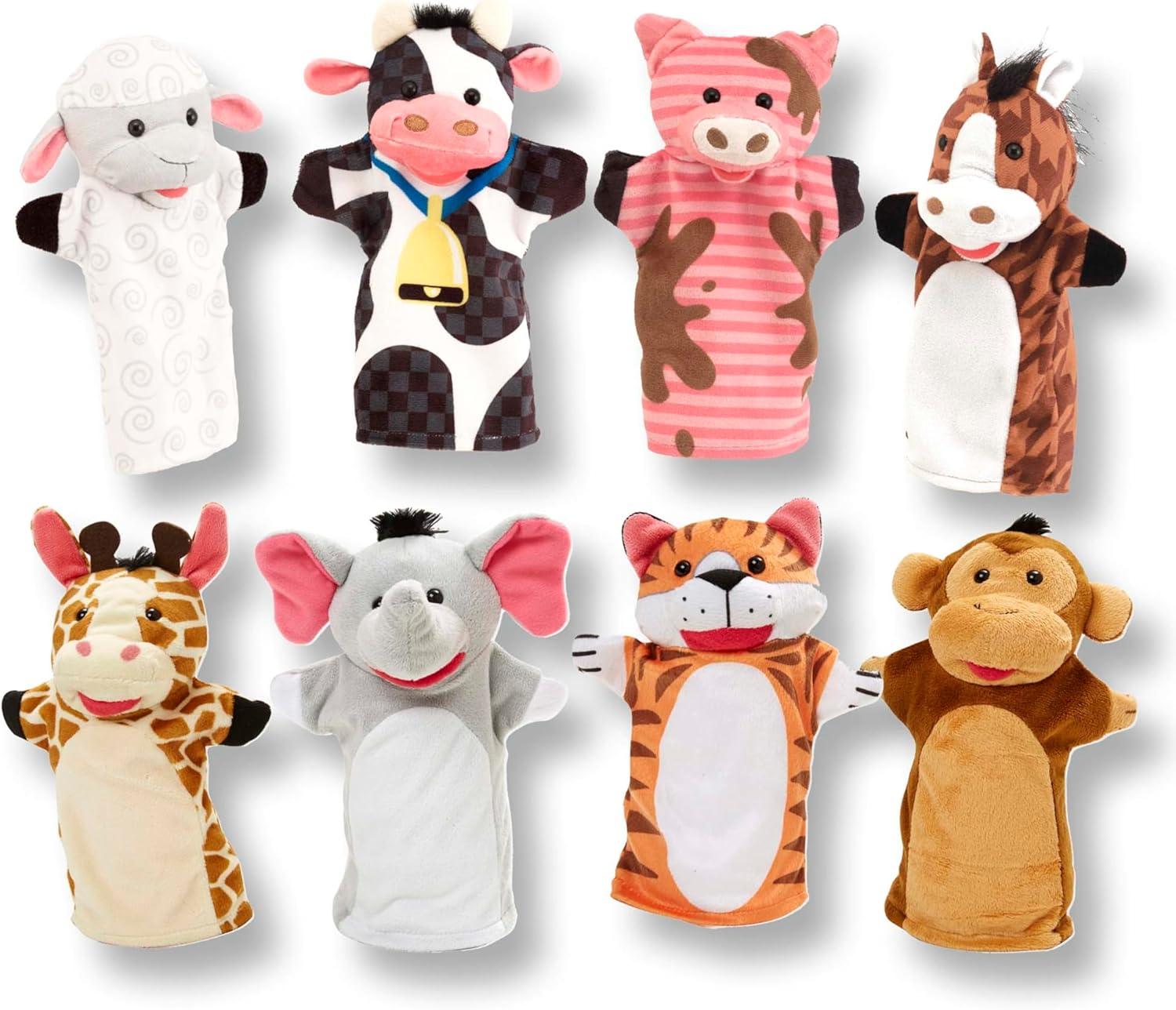 imageMelissa ampamp Doug Animal Hand Puppets Set of 2 4 Animals in Each  Zoo Friends and Farm Friends