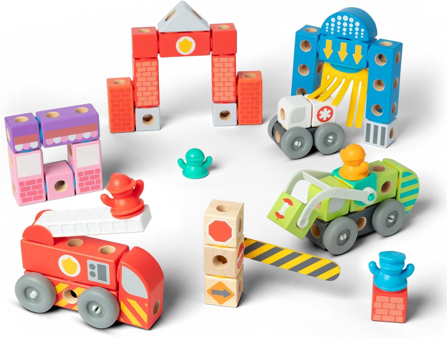 imageMelissa ampamp Doug Blockables Deluxe City Snap and Play Amazon Exclusive Mix and Match Connectable Wooden Building Blocks Play Set with Storage Bin and Play Lid 122 Pcs  FSC Certified