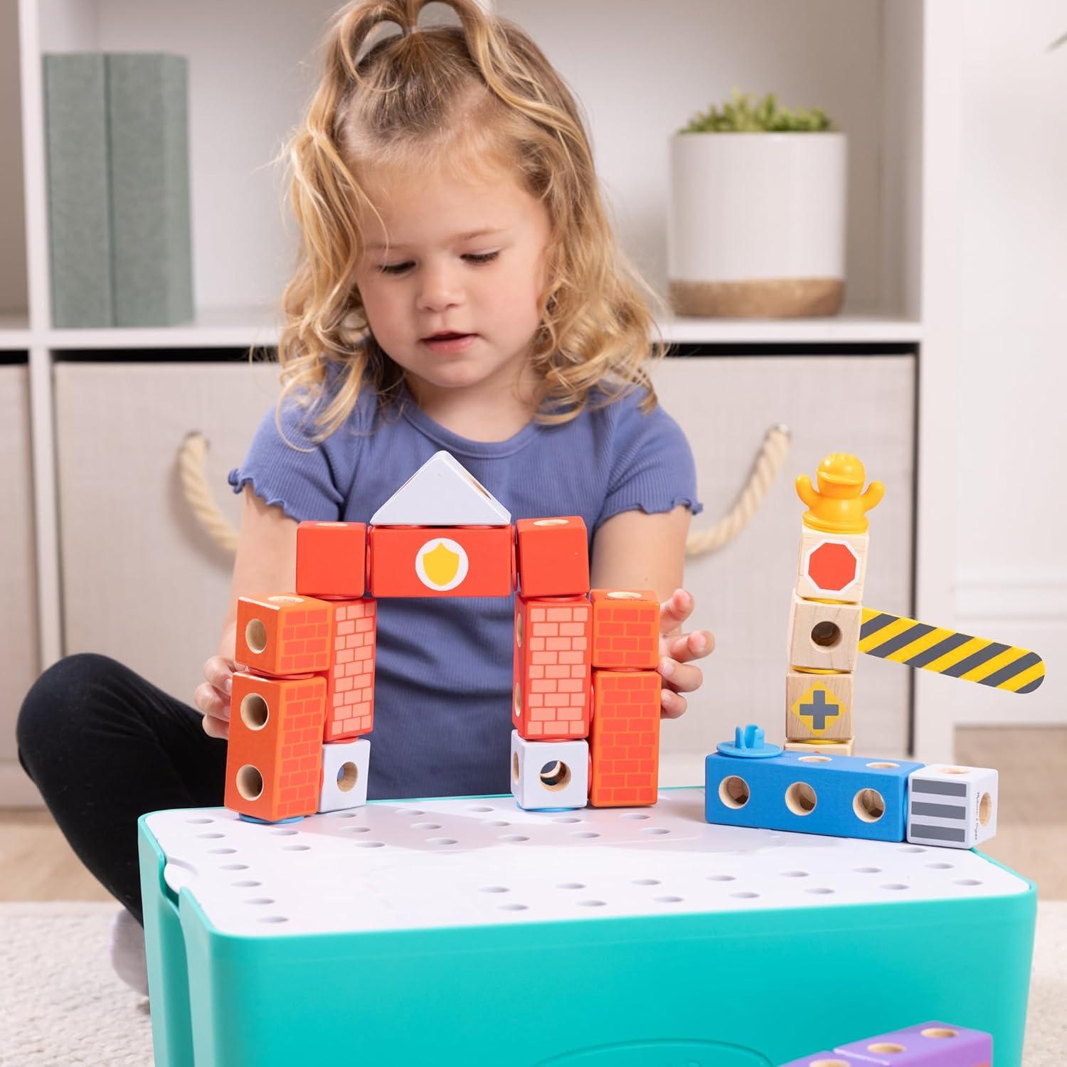 imageMelissa ampamp Doug Blockables Deluxe City Snap and Play Amazon Exclusive Mix and Match Connectable Wooden Building Blocks Play Set with Storage Bin and Play Lid 122 Pcs  FSC Certified