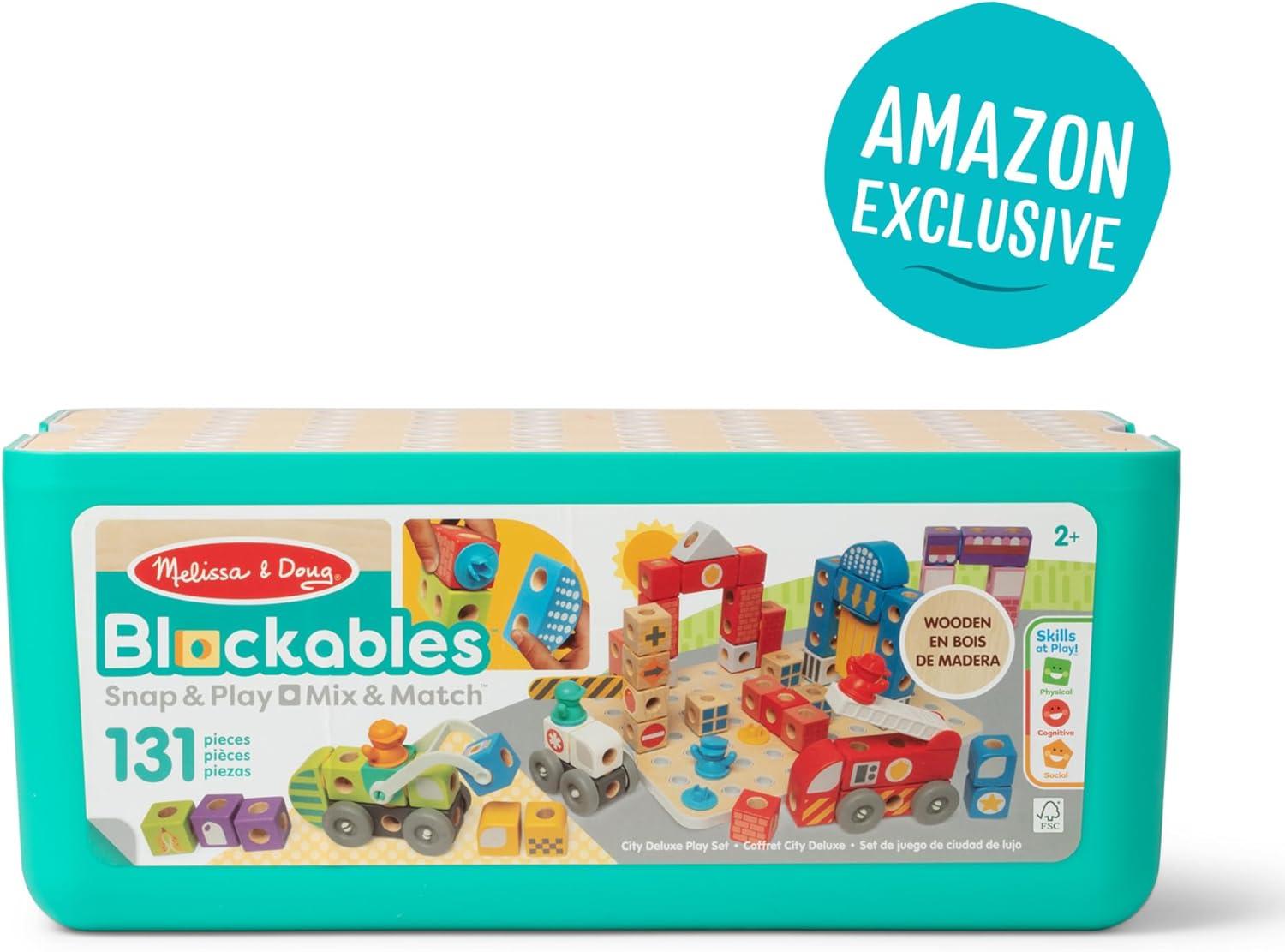 imageMelissa ampamp Doug Blockables Deluxe City Snap and Play Amazon Exclusive Mix and Match Connectable Wooden Building Blocks Play Set with Storage Bin and Play Lid 122 Pcs  FSC Certified