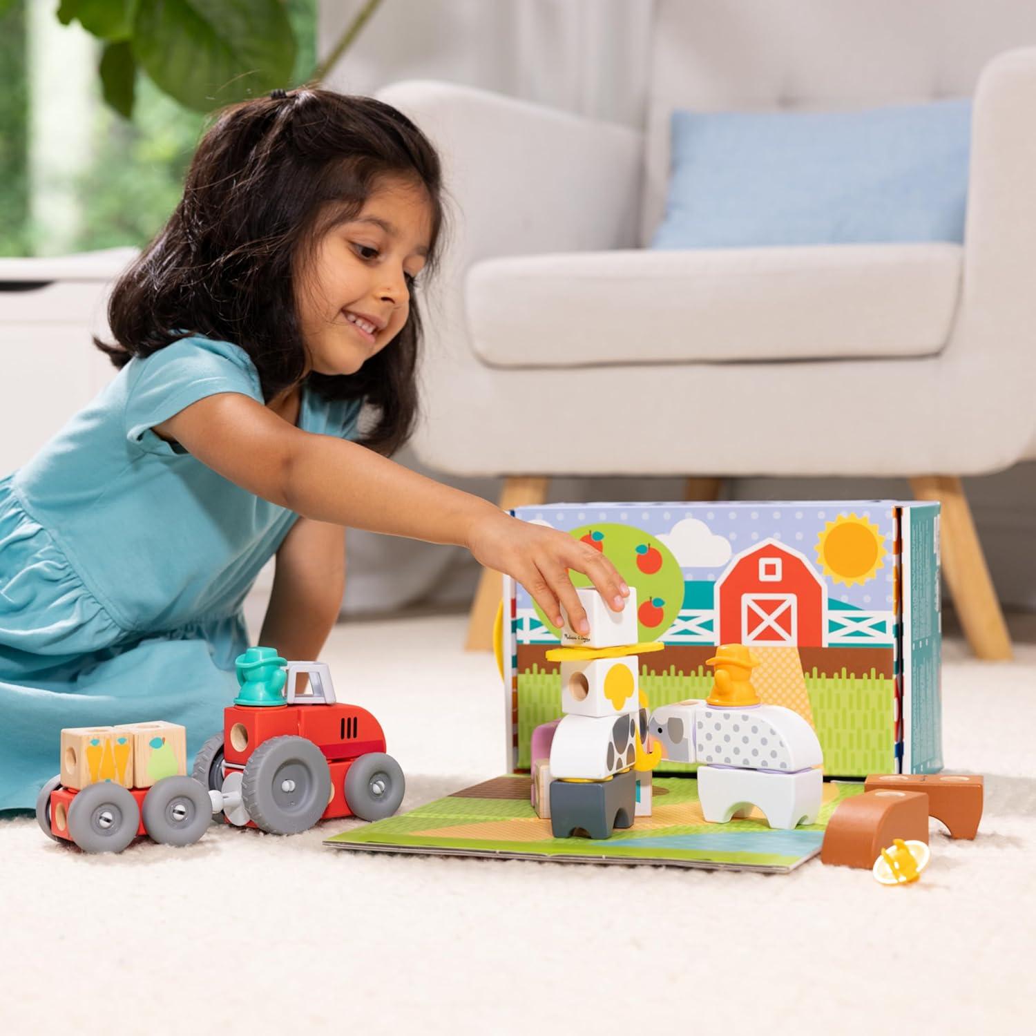 imageMelissa ampamp Doug Blockables Farm and Farm Friends 2Pack Bundle Connectable Wooden Building Blocks Preschool Play Set Toy