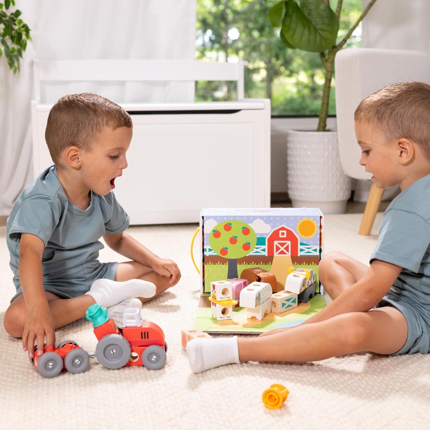imageMelissa ampamp Doug Blockables Farm and Farm Friends 2Pack Bundle Connectable Wooden Building Blocks Preschool Play Set Toy