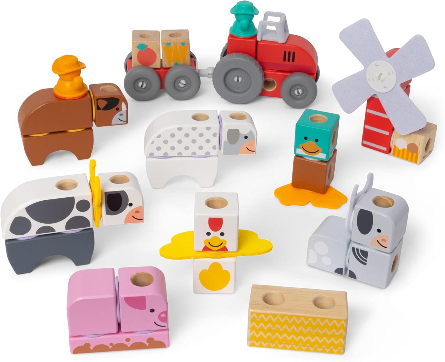 imageMelissa ampamp Doug Blockables Farm and Farm Friends 2Pack Bundle Connectable Wooden Building Blocks Preschool Play Set Toy