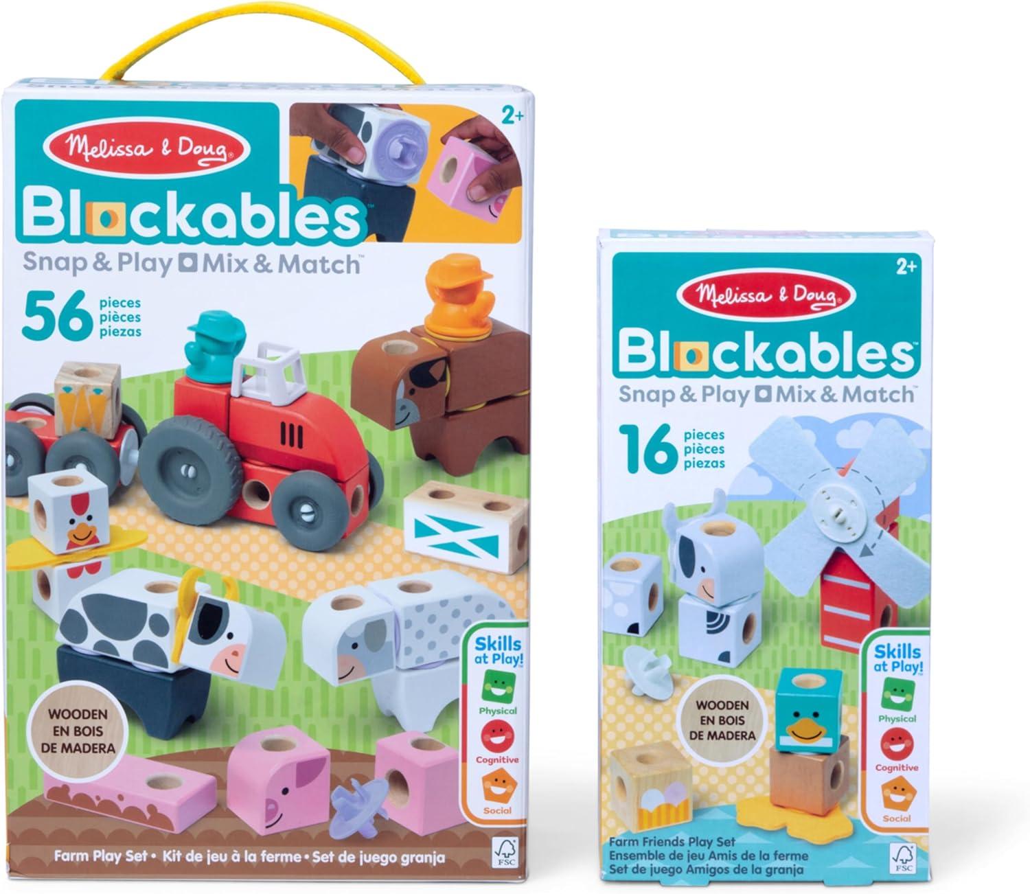 imageMelissa ampamp Doug Blockables Farm and Farm Friends 2Pack Bundle Connectable Wooden Building Blocks Preschool Play Set Toy