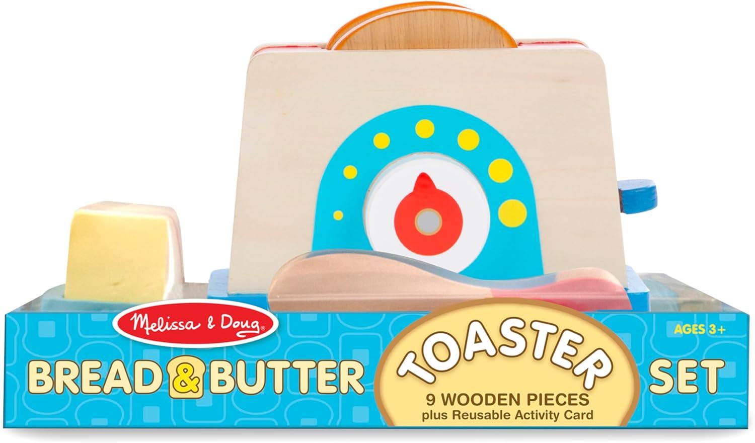imageMelissa ampamp Doug Bread and Butter Toaster Set 9 pcs  Wooden Play Food and Kitchen Accessories