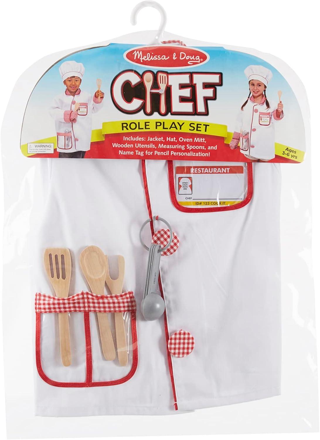imageMelissa ampamp Doug Chef Role Play Costume DressUp Set 8Piece  Chefs Jacket Hat Name Tag  Pretend Chef Dress up Outift with Realistic Accessories Kids Dress Up for Toddlers ampamp Children Ages 3Standard Packaging