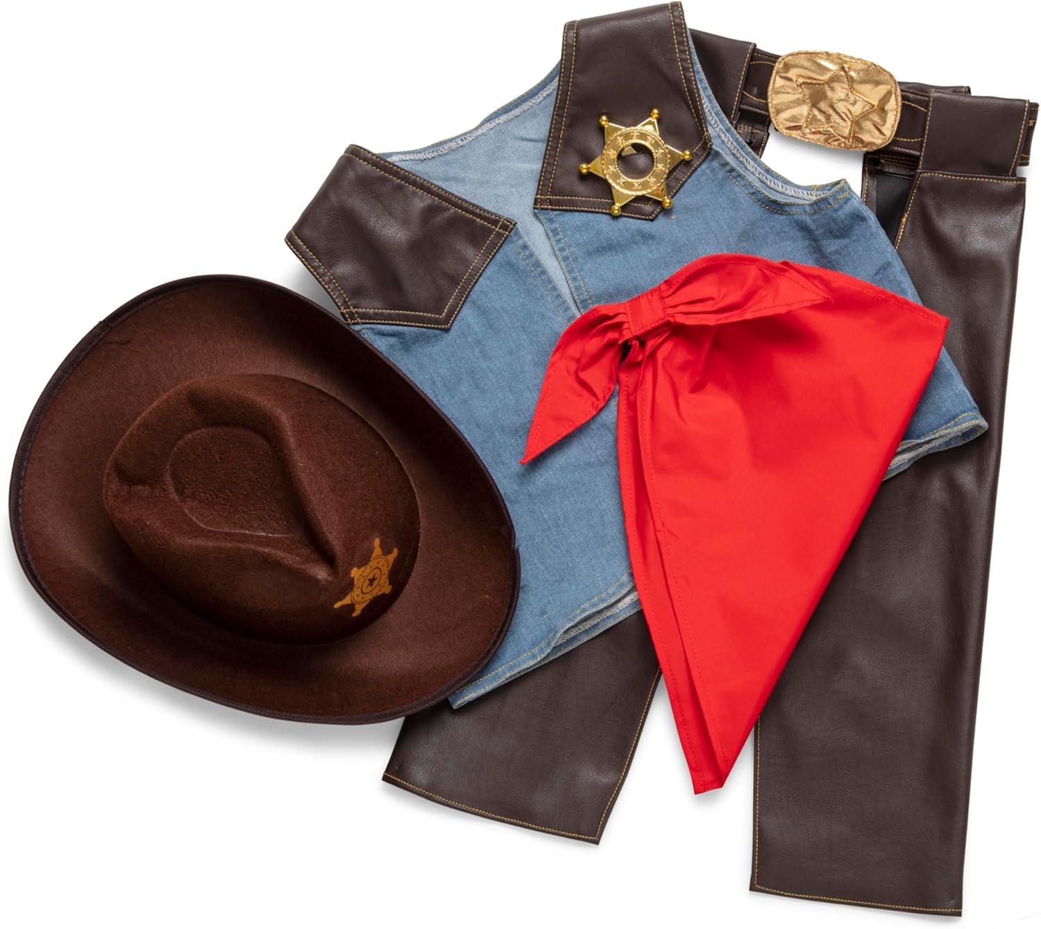 imageMelissa ampamp Doug Cowboy Role Play Costume Set 5 pcs  Includes Faux Leather Chaps  Cowboy DressUp Role Play Costume with Vest for Boys and Girls