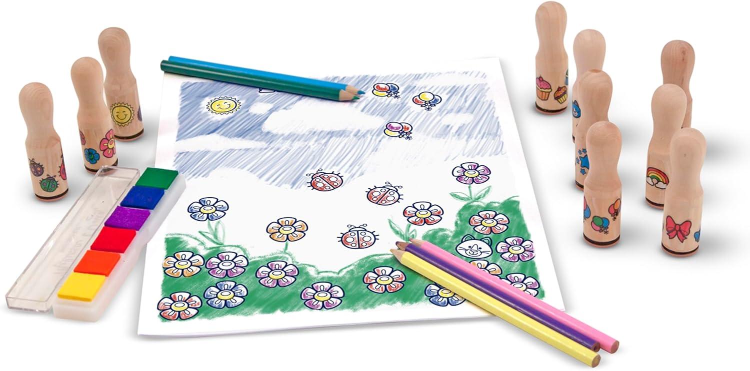 imageMelissa ampamp Doug Deluxe Happy Handle Stamp Set with 10 Stamps 5 Colored Pencils and 6Color Washable Ink Pad