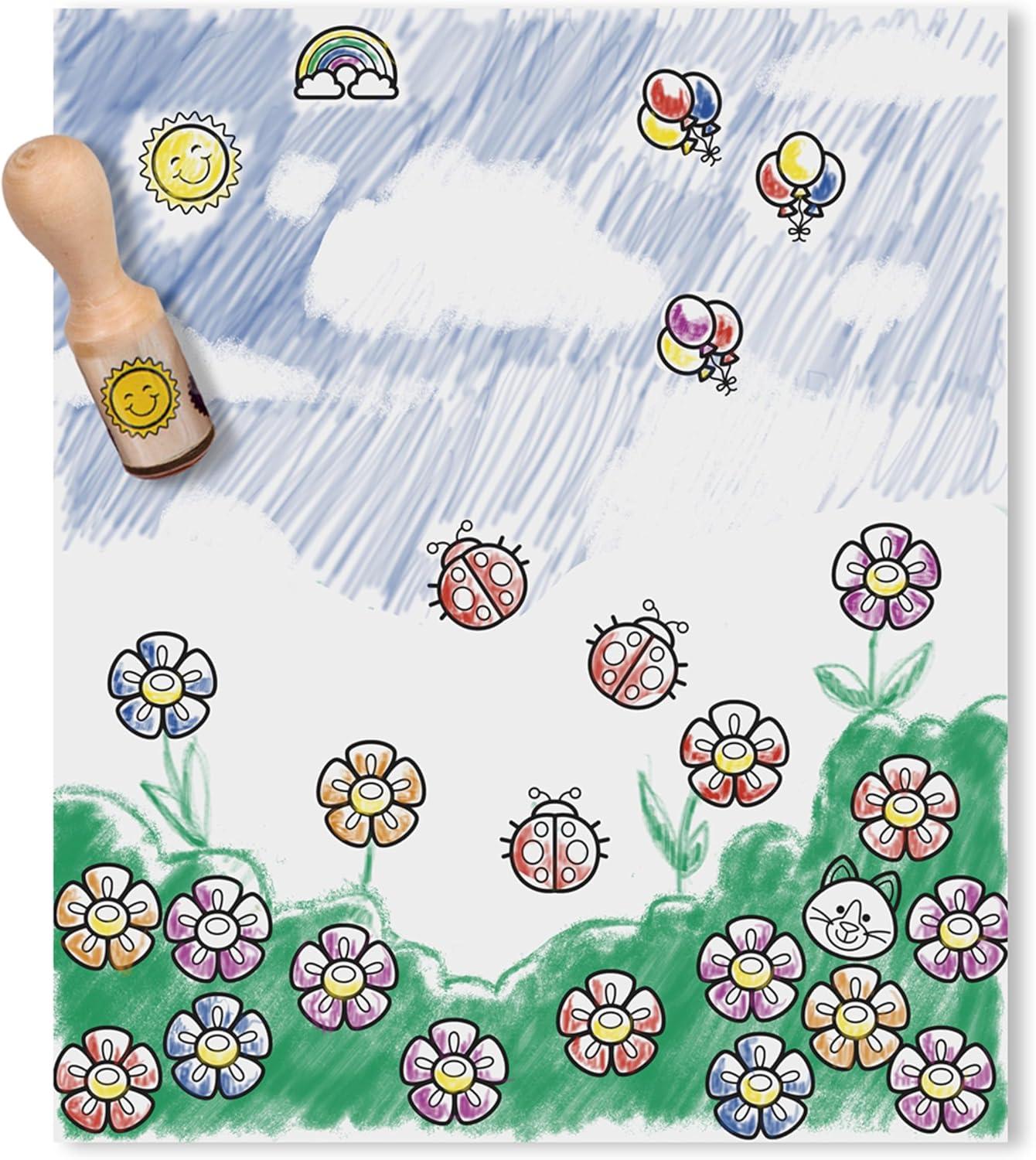 imageMelissa ampamp Doug Deluxe Happy Handle Stamp Set with 10 Stamps 5 Colored Pencils and 6Color Washable Ink Pad