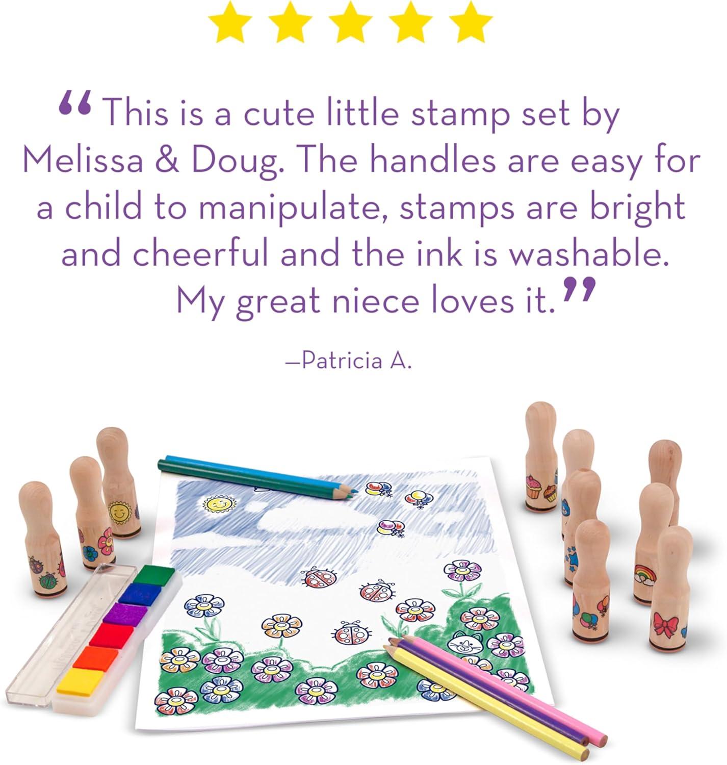 imageMelissa ampamp Doug Deluxe Happy Handle Stamp Set with 10 Stamps 5 Colored Pencils and 6Color Washable Ink Pad
