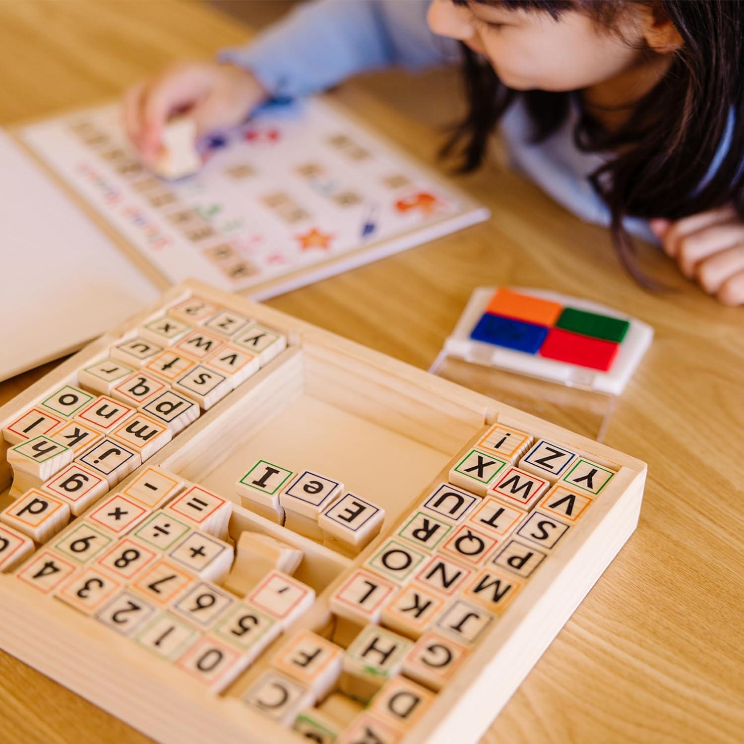 imageMelissa ampamp Doug Deluxe Letters and Numbers Wooden Stamp Set ABCs 123s With Activity Book 4Color Stamp Pad  FSC CertifiedABCs 123s