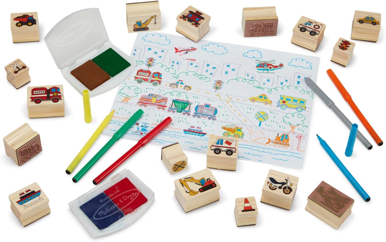 imageMelissa ampamp Doug Deluxe Wooden Stamp Set Animals  30 Stamps 6 Markers 2 Stamp PadsVehicles