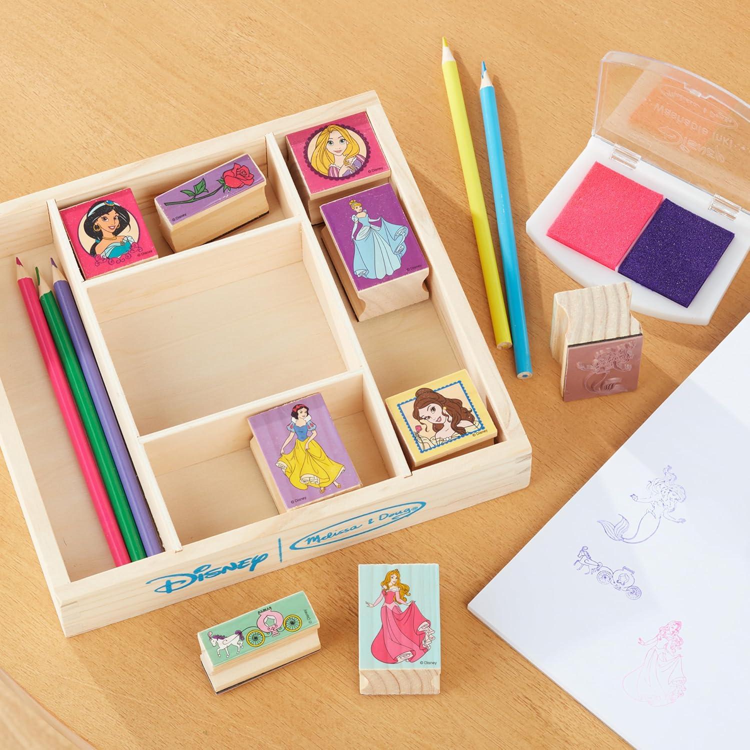 imageMelissa ampamp Doug Disney Princess Wooden Stamp Set 9 Stamps 5 Colored Pencils and 2Color Stamp Pad Disney Princess Coloring Stamps with Washable Ink for Kids Ages 4Disney Princess