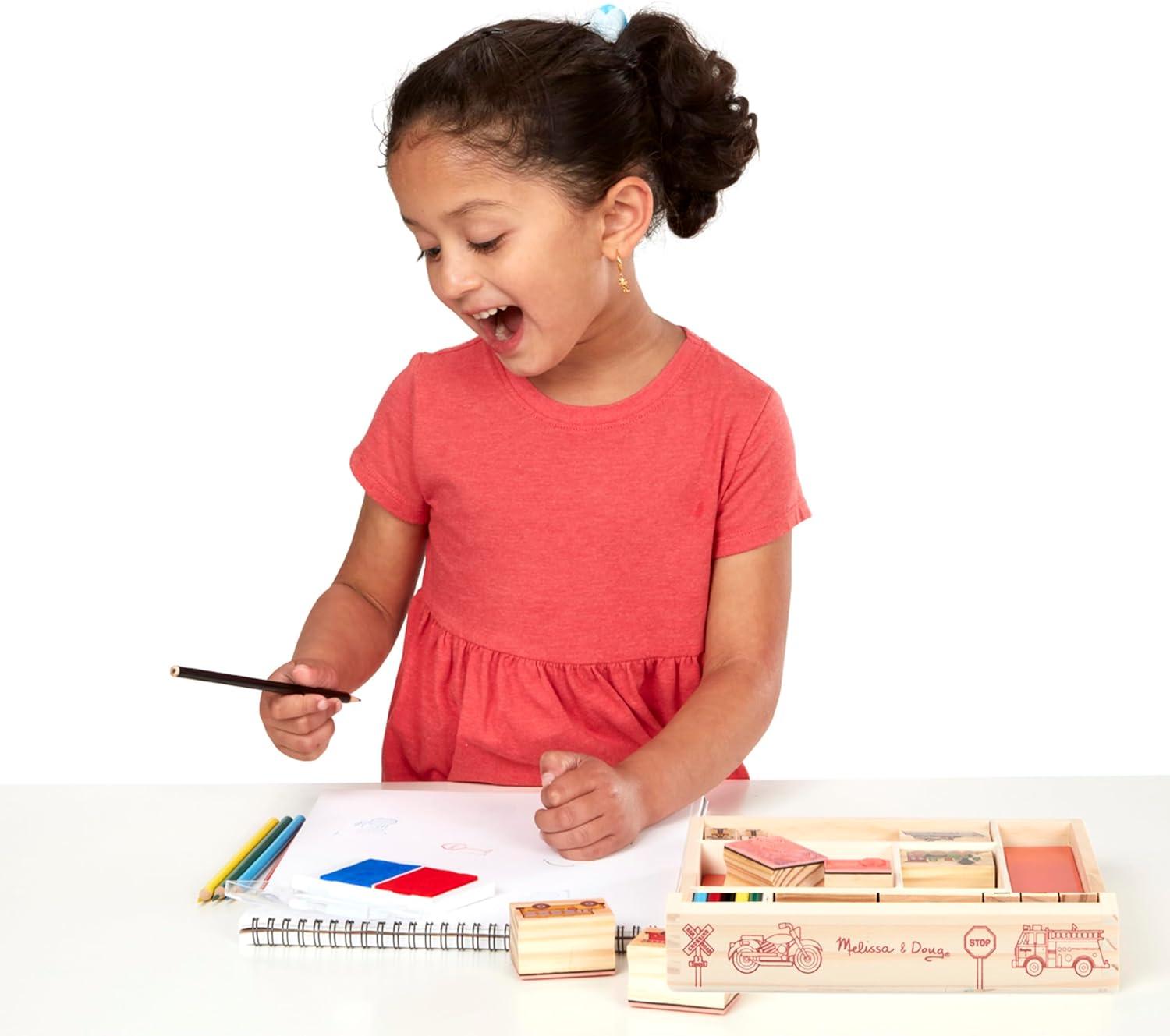 imageMelissa ampamp Doug Disney Princess Wooden Stamp Set 9 Stamps 5 Colored Pencils and 2Color Stamp Pad Disney Princess Coloring Stamps with Washable Ink for Kids Ages 4Vehicles