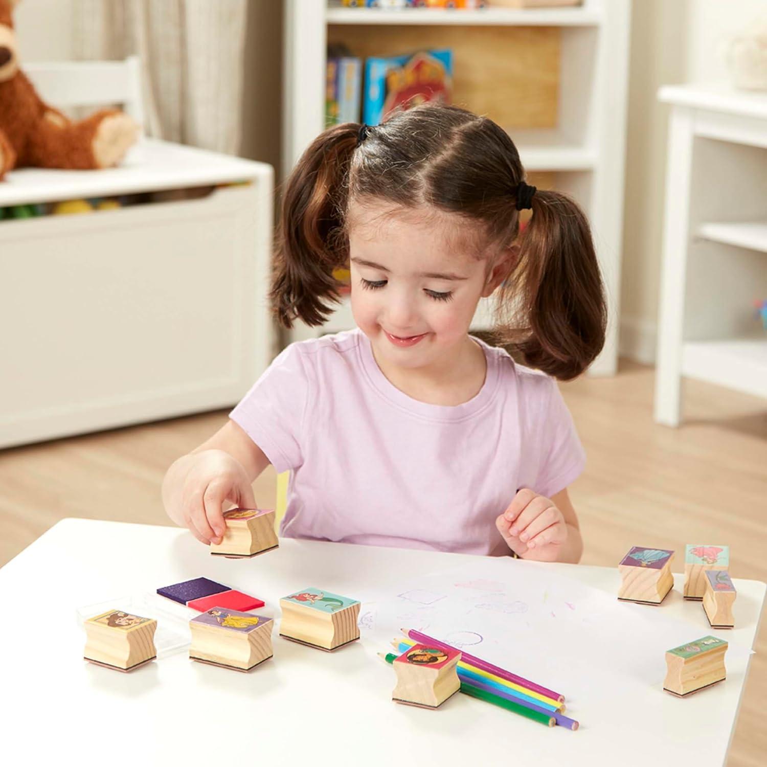 imageMelissa ampamp Doug Disney Princess Wooden Stamp Set 9 Stamps 5 Colored Pencils and 2Color Stamp Pad Disney Princess Coloring Stamps with Washable Ink for Kids Ages 4Disney Princess
