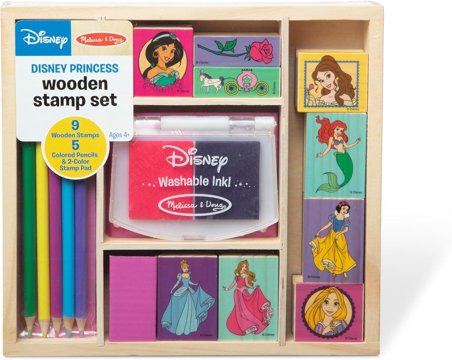 imageMelissa ampamp Doug Disney Princess Wooden Stamp Set 9 Stamps 5 Colored Pencils and 2Color Stamp Pad Disney Princess Coloring Stamps with Washable Ink for Kids Ages 4Disney Princess