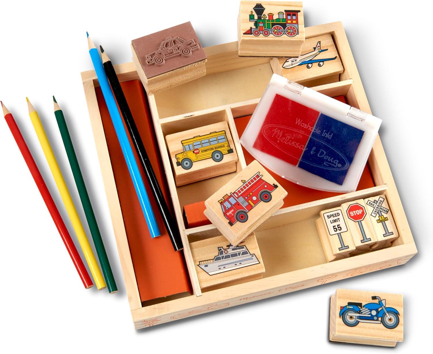 imageMelissa ampamp Doug Disney Princess Wooden Stamp Set 9 Stamps 5 Colored Pencils and 2Color Stamp Pad Disney Princess Coloring Stamps with Washable Ink for Kids Ages 4Vehicles