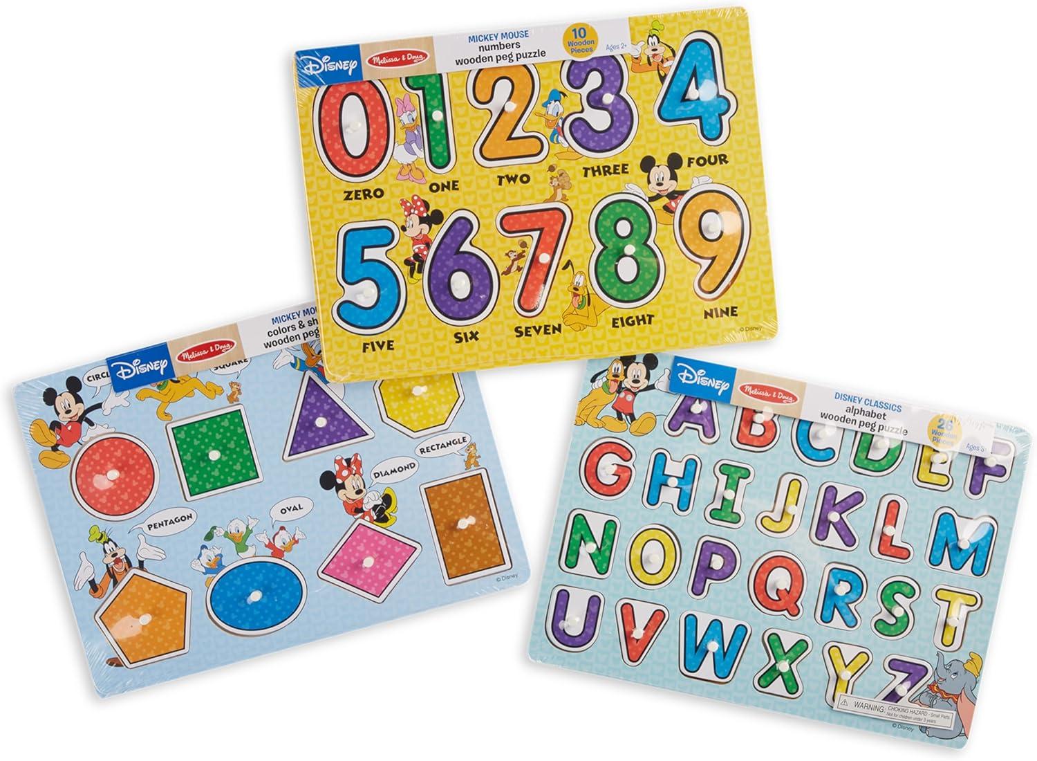 imageMelissa ampamp Doug Disney Wooden Peg Puzzles Set Letters Numbers and Shapes and Colors