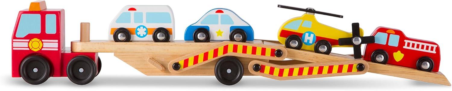 imageMelissa ampamp Doug Emergency Vehicle Carrier Wooden Truck with 4 Rescue VehiclesEnglish Only