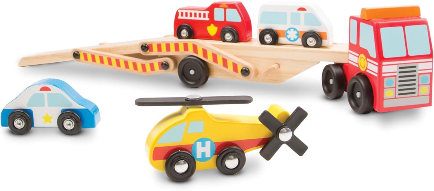 imageMelissa ampamp Doug Emergency Vehicle Carrier Wooden Truck with 4 Rescue VehiclesEnglish Only