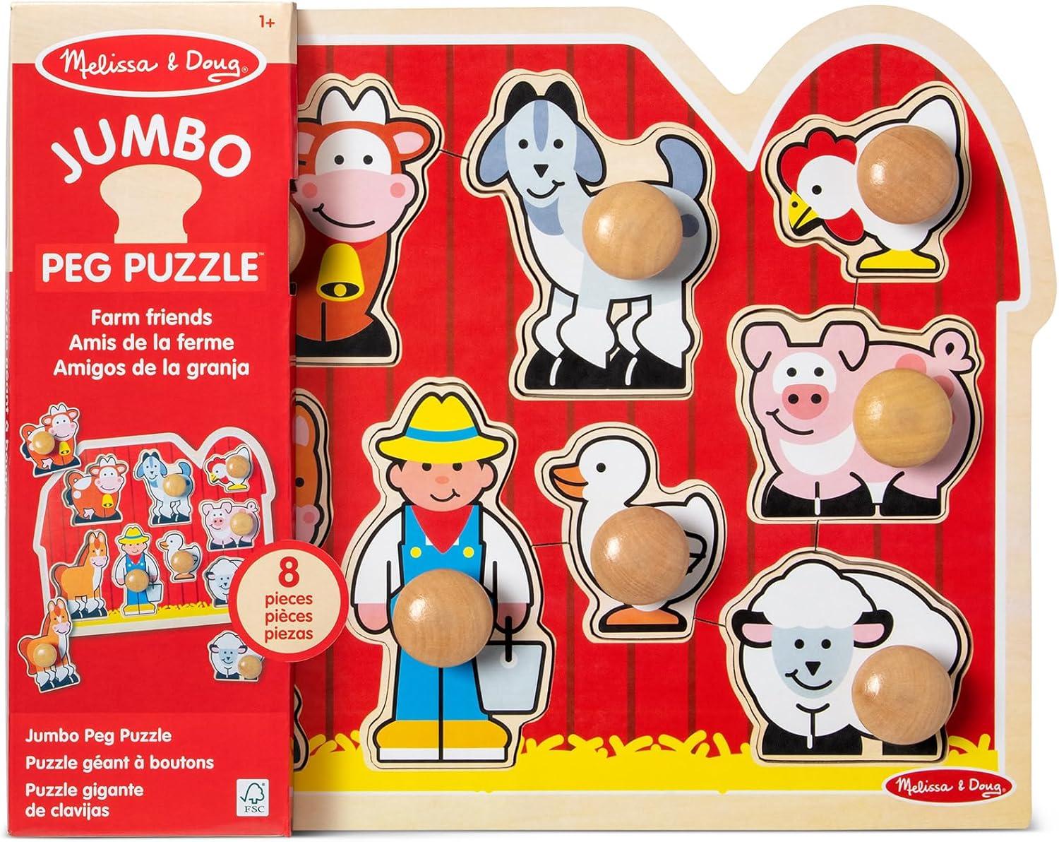 imageMelissa ampamp Doug Farm Animals Jumbo Knob Puzzle Wooden Peg Puzzle for Toddlers Educational Toy for Shape Recognition and Fine Motor Skills Ages 1Puzzle