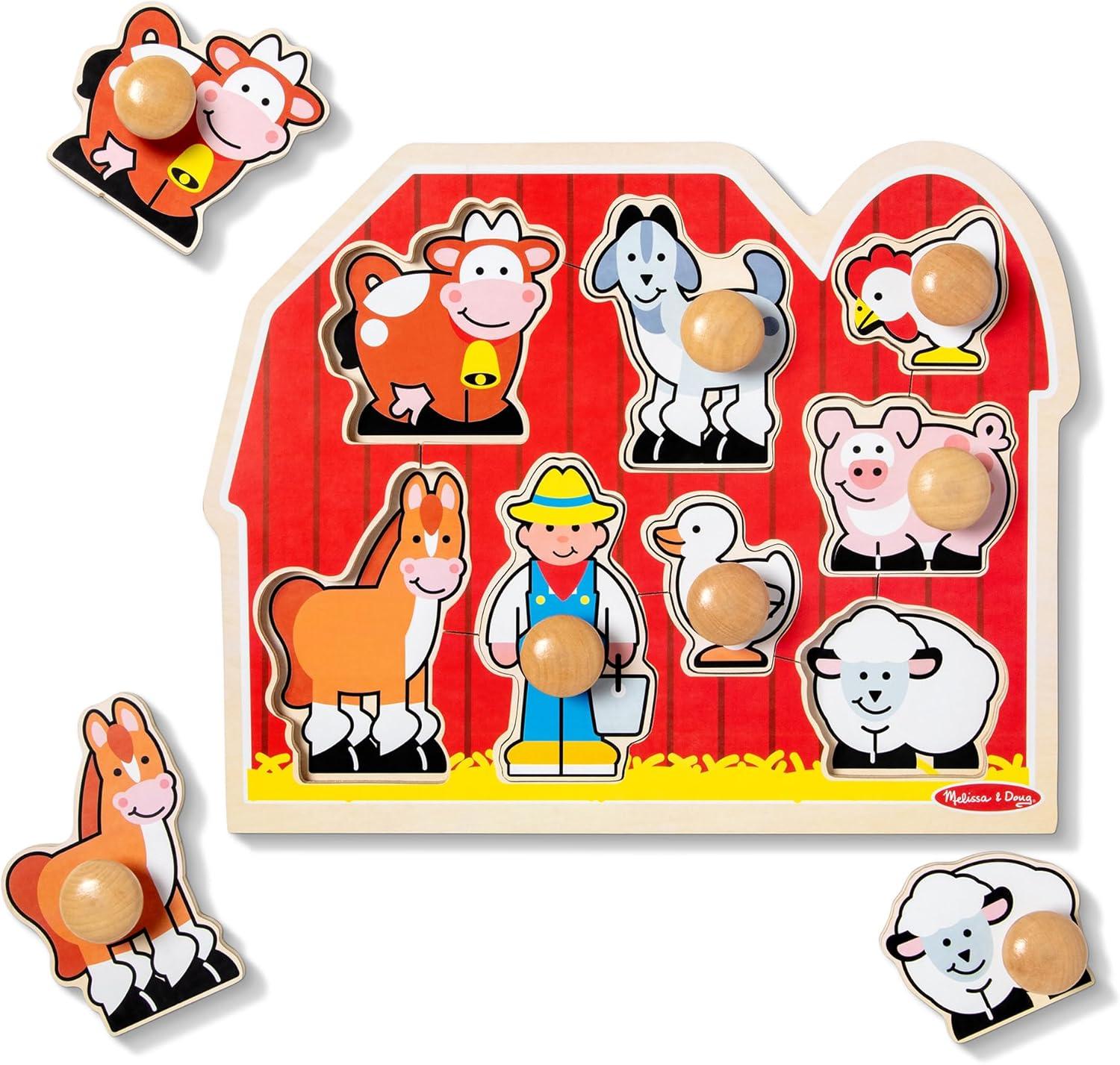 imageMelissa ampamp Doug Farm Animals Jumbo Knob Puzzle Wooden Peg Puzzle for Toddlers Educational Toy for Shape Recognition and Fine Motor Skills Ages 1Puzzle