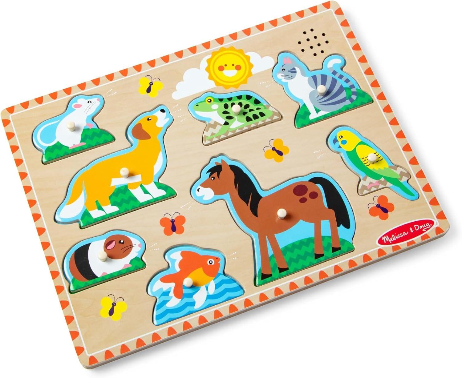 imageMelissa ampamp Doug Farm Animals Sound Puzzle  Wooden Peg Puzzle with Sound Effects 8 pcsPets