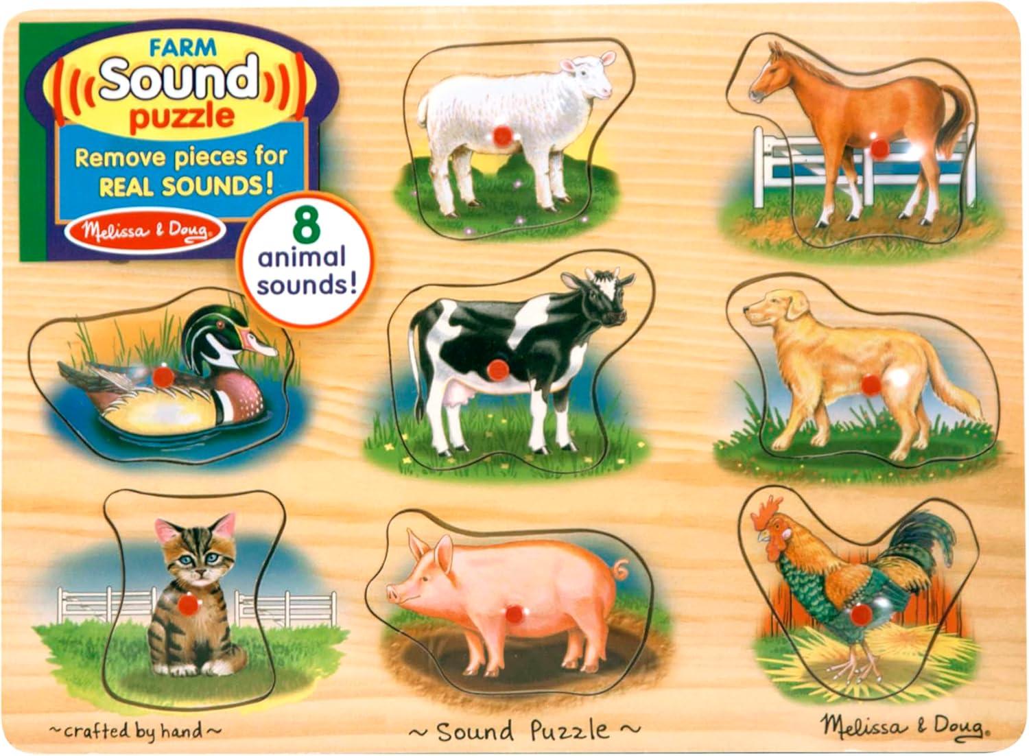imageMelissa ampamp Doug Farm Sound Puzzle  Wooden Peg Puzzle with Sound Effects 8 pcs