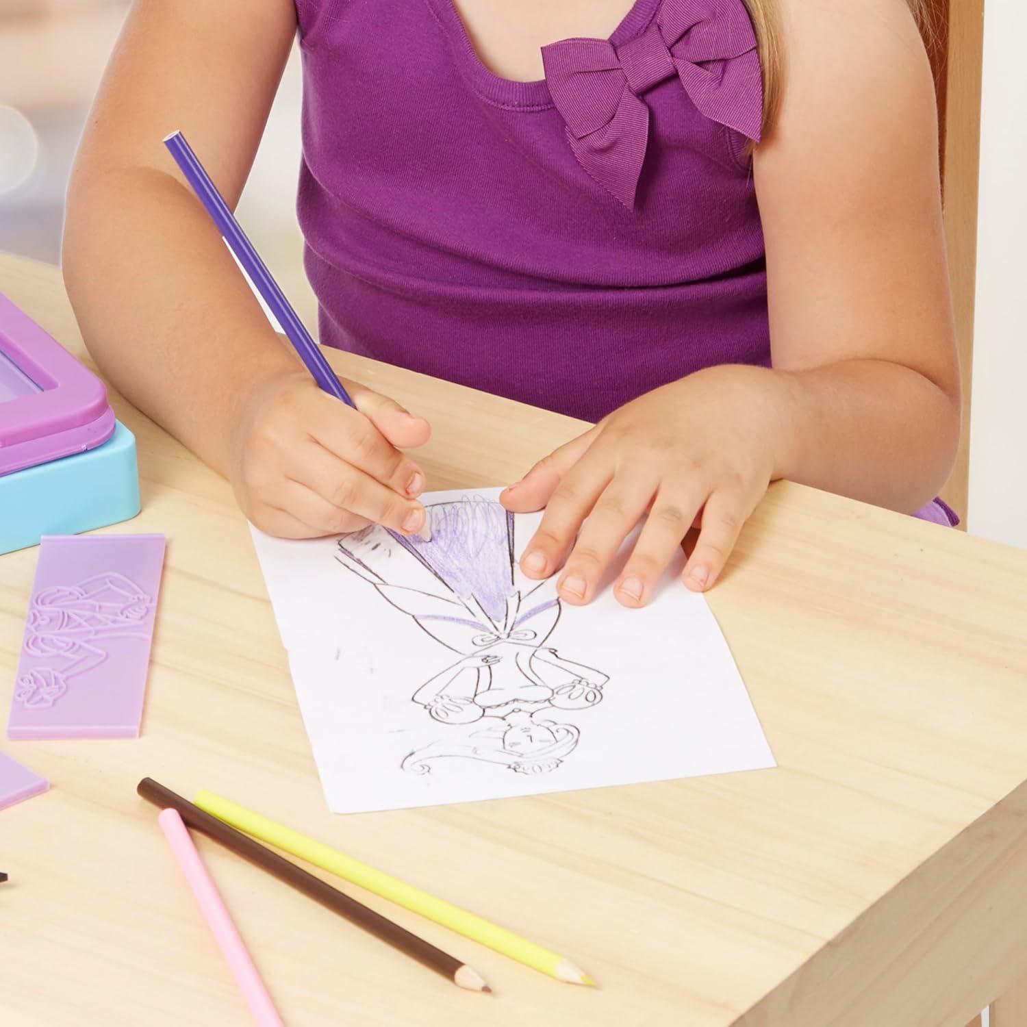 imageMelissa ampamp Doug Fashion Design Art Activity Kit  9 DoubleSided Rubbing Plates 4 Pencils Crayon  Fashion Plates Travel Toys for Kids Ages 5Princess Design