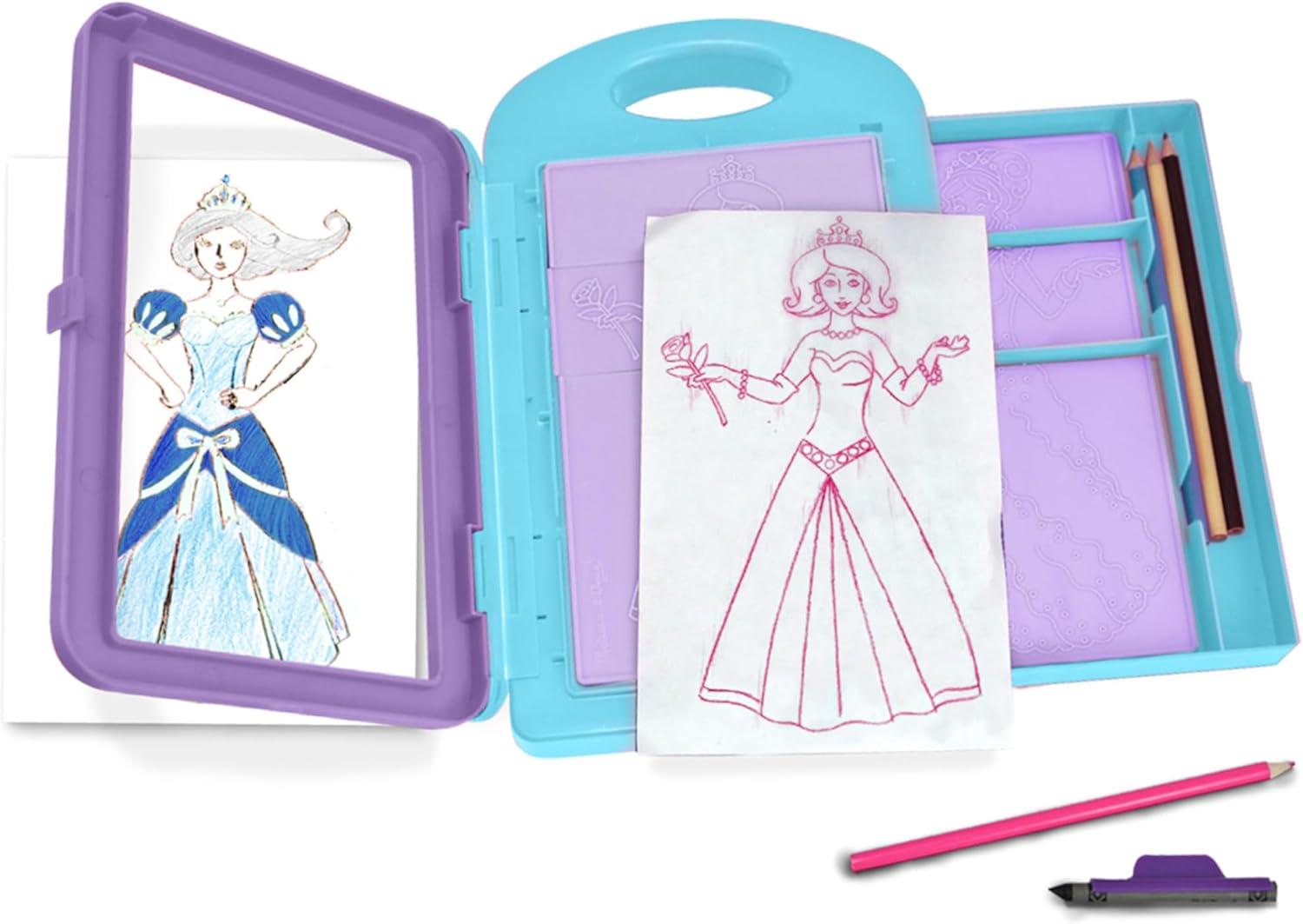 imageMelissa ampamp Doug Fashion Design Art Activity Kit  9 DoubleSided Rubbing Plates 4 Pencils Crayon  Fashion Plates Travel Toys for Kids Ages 5Princess Design