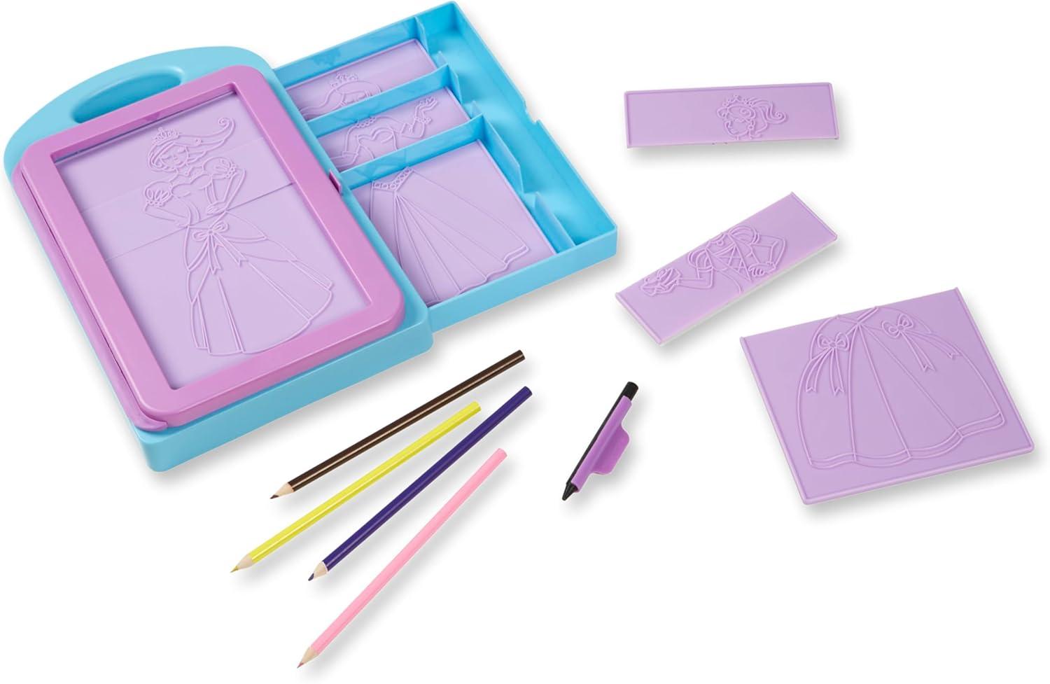 imageMelissa ampamp Doug Fashion Design Art Activity Kit  9 DoubleSided Rubbing Plates 4 Pencils Crayon  Fashion Plates Travel Toys for Kids Ages 5Princess Design