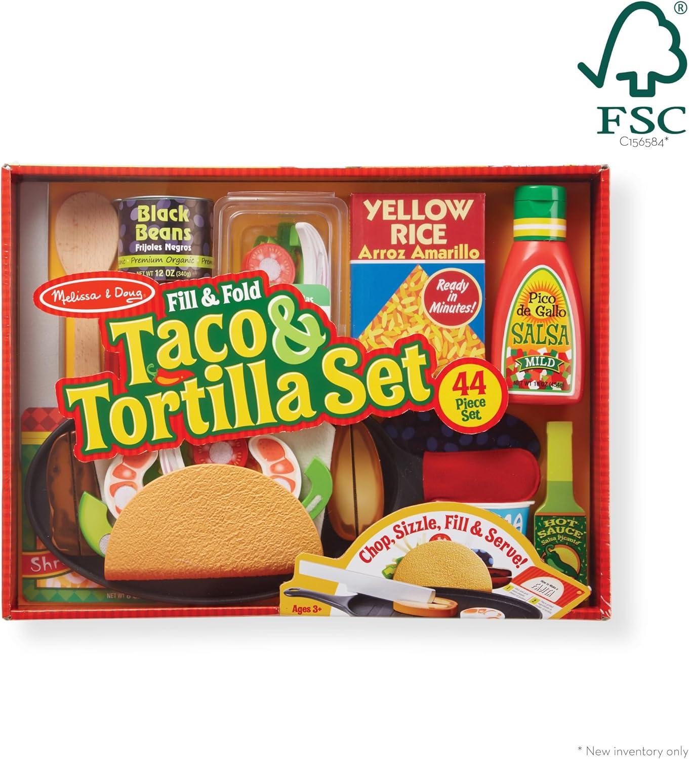 imageMelissa ampamp Doug Fill ampamp Fold Taco ampamp Tortilla Set 43 Pieces  Sliceable Wooden Mexican Play Food Skillet and More  FSC Certified