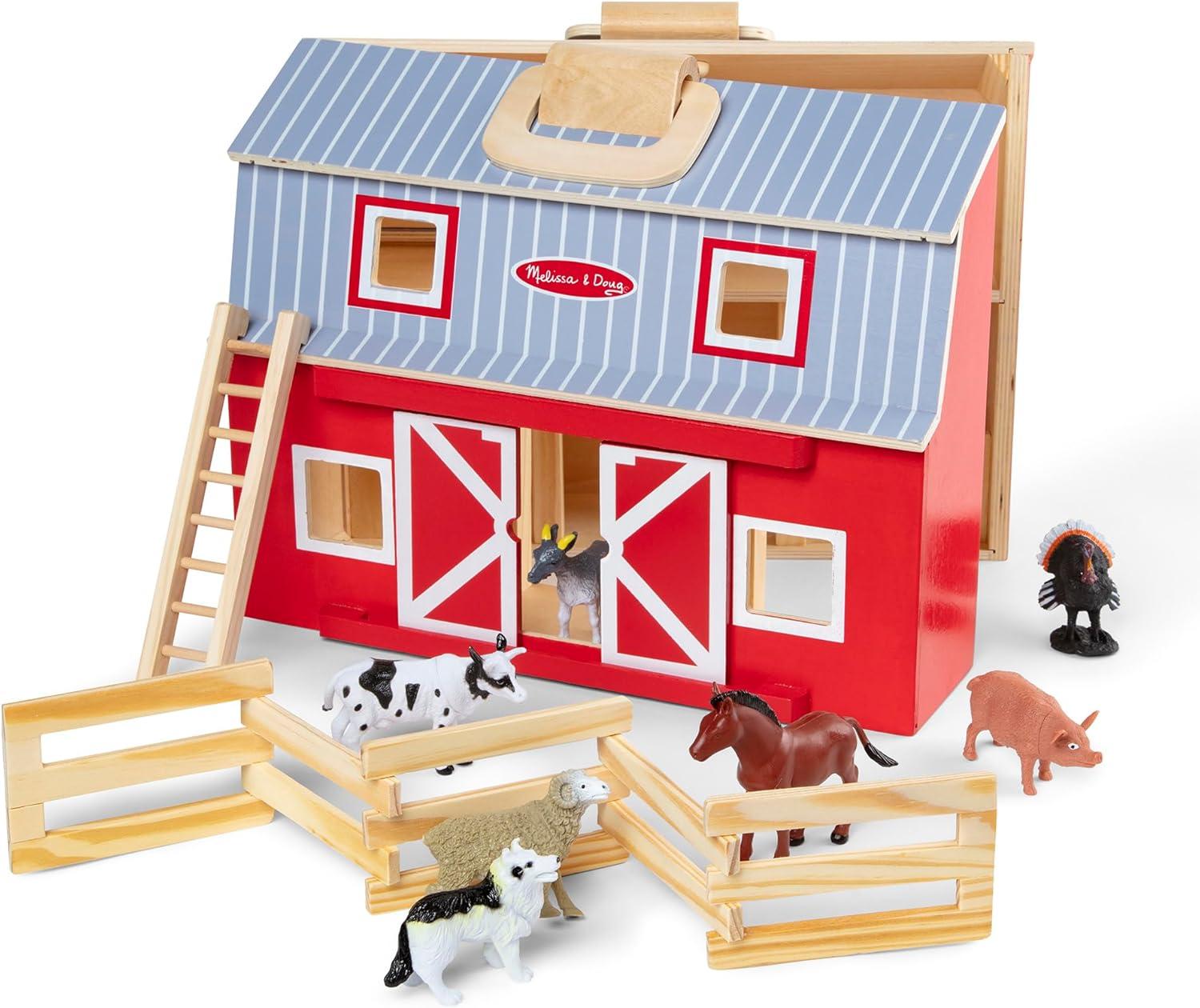 imageMelissa ampamp Doug Fold and Go Wooden Barn with 7 Animal Play Figures  Farm Animals Barn Toy Portable Toys Farm Toys for Kids and Toddlers Ages 3Set