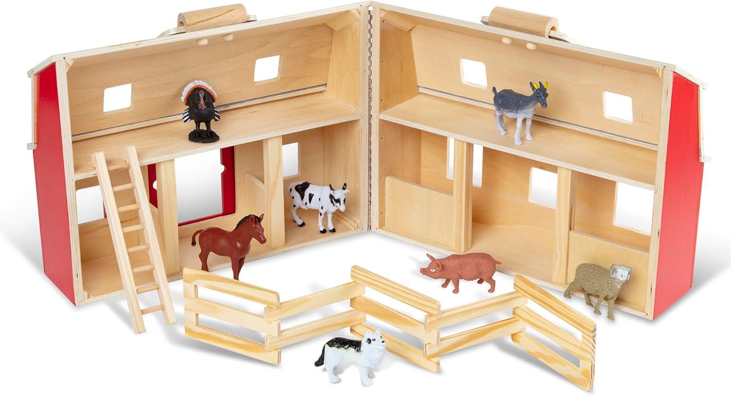imageMelissa ampamp Doug Fold and Go Wooden Barn with 7 Animal Play Figures  Farm Animals Barn Toy Portable Toys Farm Toys for Kids and Toddlers Ages 3Set