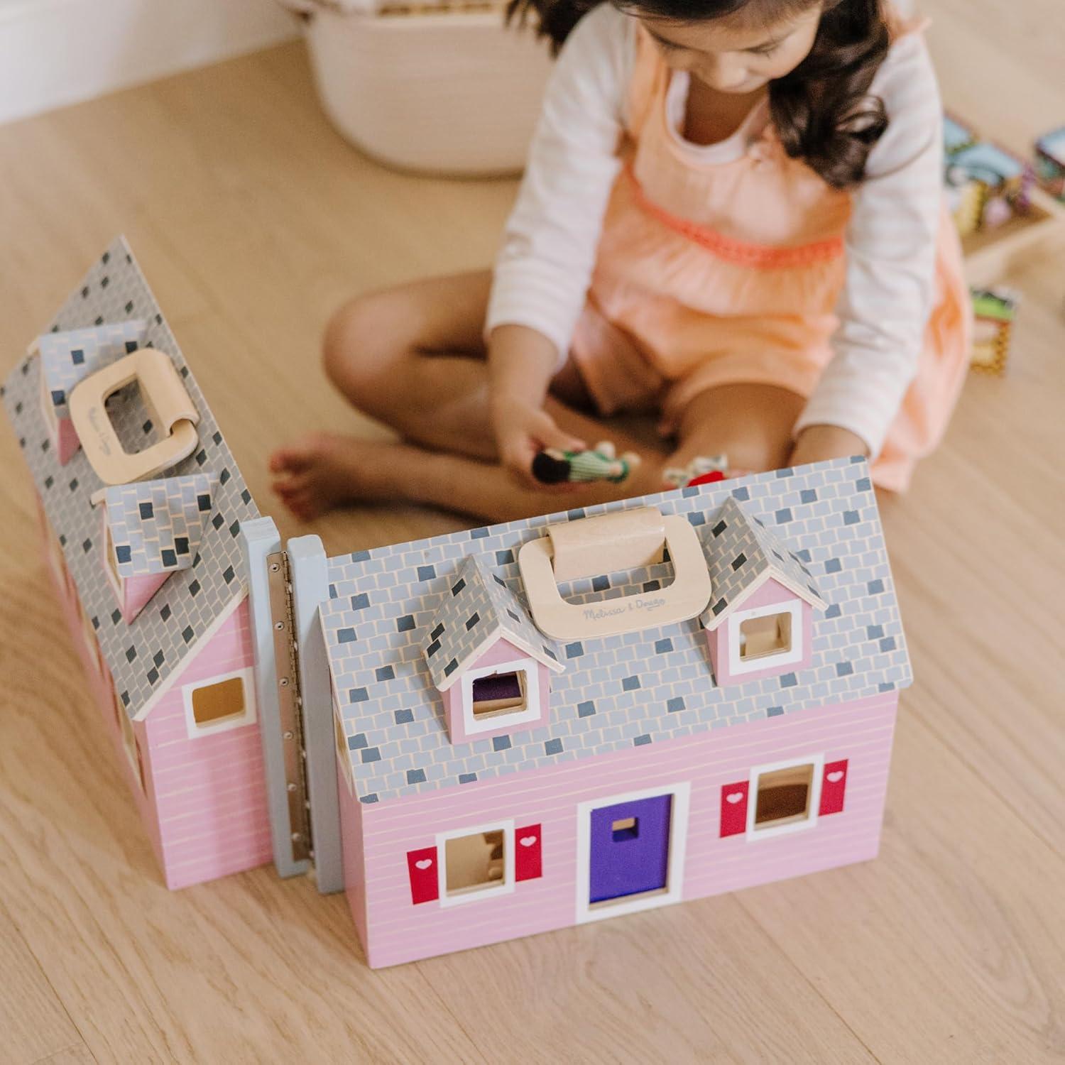 imageMelissa ampamp Doug Fold and Go Wooden Dollhouse with 2 Dolls and Wooden FurnitureMultiOne Size