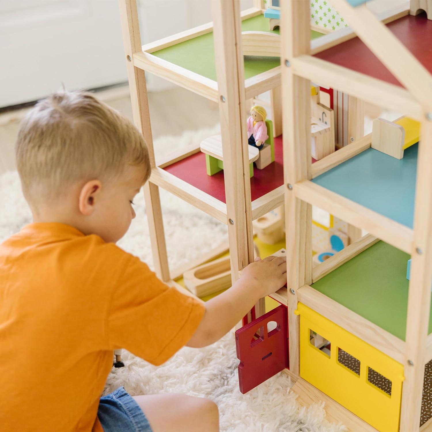 imageMelissa ampamp Doug HiRise Wooden Dollhouse with 15 pcs Furniture  Garage and Working Elevator