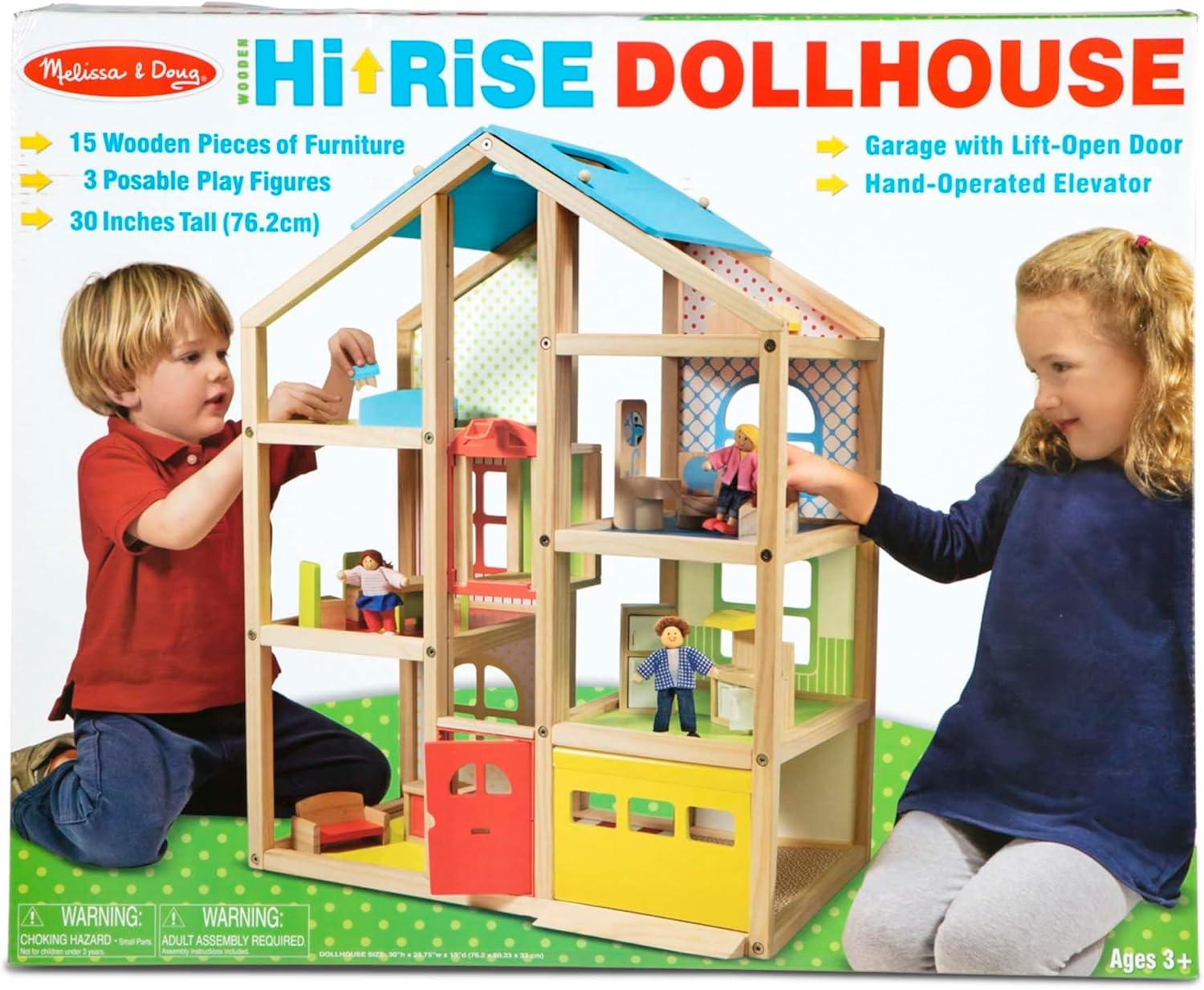 imageMelissa ampamp Doug HiRise Wooden Dollhouse with 15 pcs Furniture  Garage and Working Elevator
