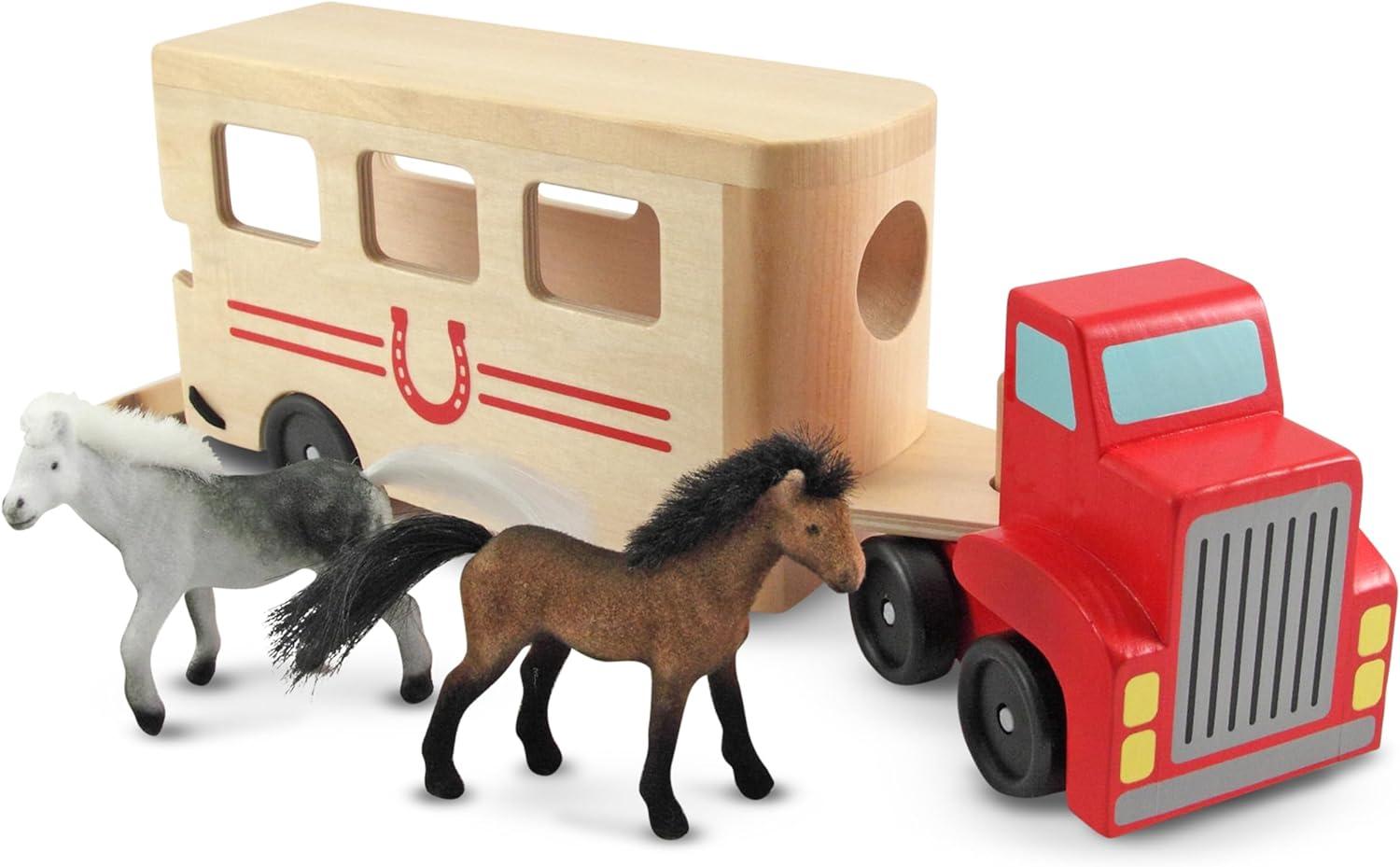 imageMelissa ampamp Doug Horse Carrier Wooden Vehicle Play Set with 2 Flocked Horses and PullDown Ramp