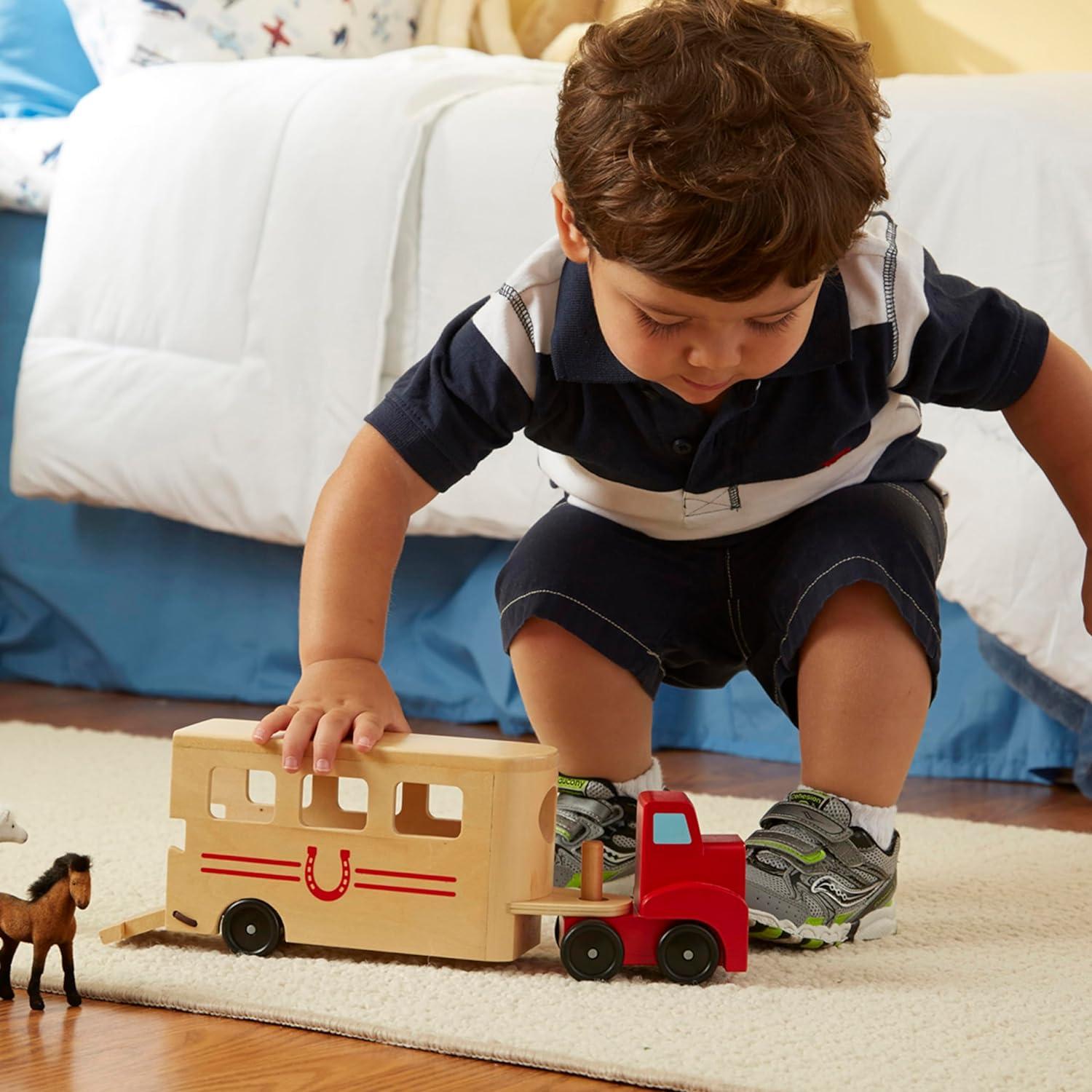 imageMelissa ampamp Doug Horse Carrier Wooden Vehicle Play Set with 2 Flocked Horses and PullDown Ramp