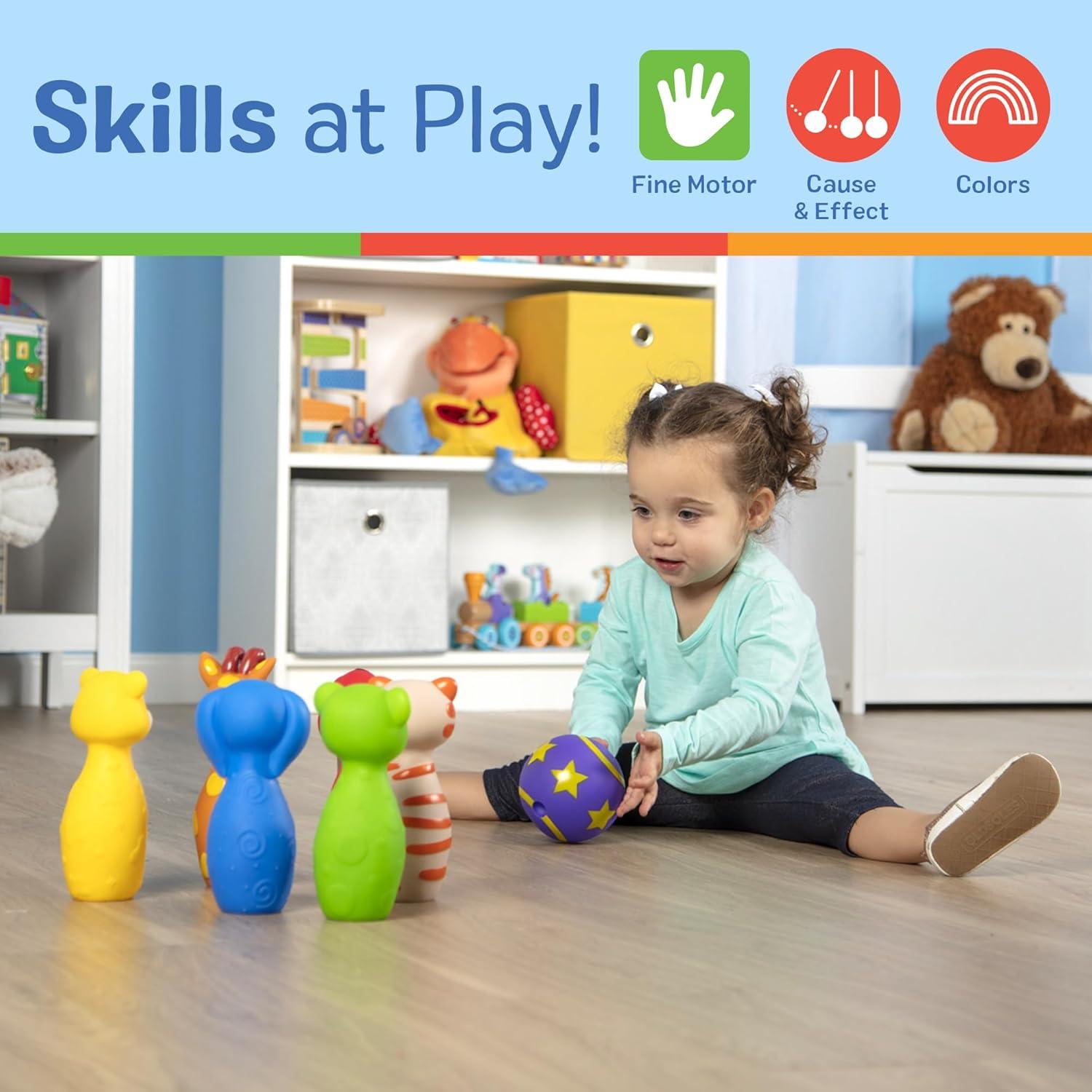 imageMelissa ampamp Doug Ks Kids Bowling Friends Play Set and Game with 6 Pins and Convenient Carrying Case  Indoor Outdoor Bowling Set Soft Plastic Animal Bowling Pins Toddler Bowling for Ages 2