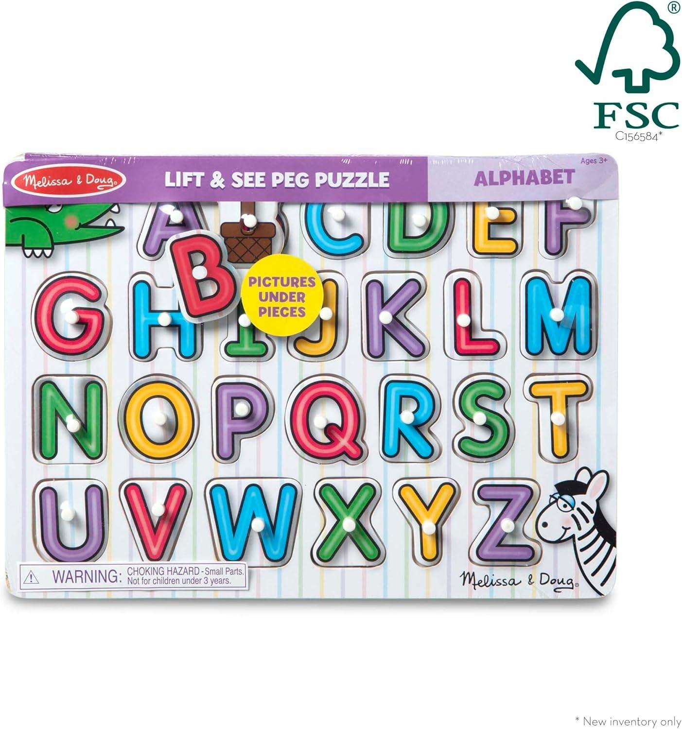 imageMelissa ampamp Doug Lift ampamp See Alphabet Wooden Peg Puzzle 26 pcs  FSC Certified