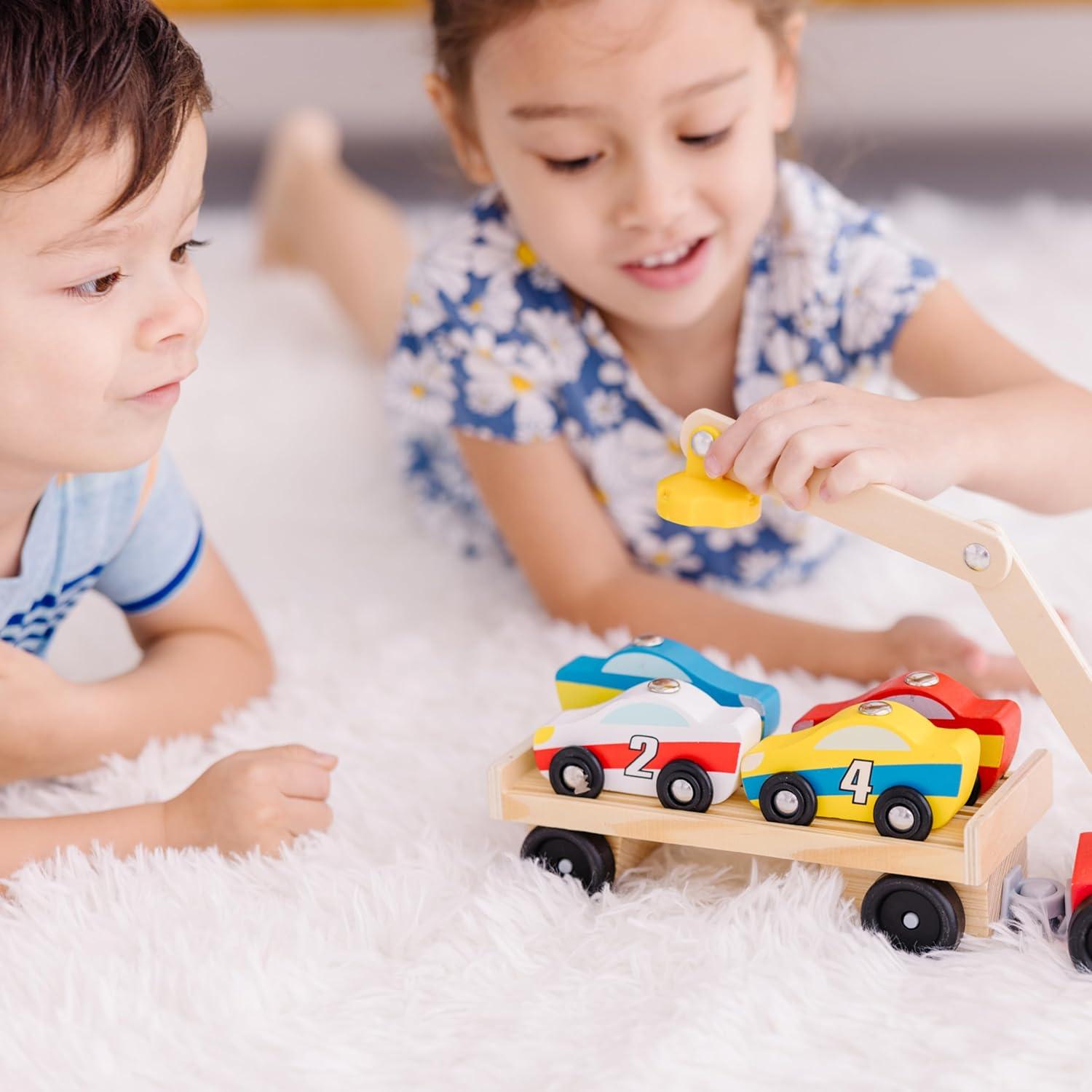 imageMelissa ampamp Doug Magnetic Car Loader Wooden Toy Set with 4 Cars and 1 SemiTrailer Truck Crane Wooden Toy Vehicle Toys for Kids Ages 3