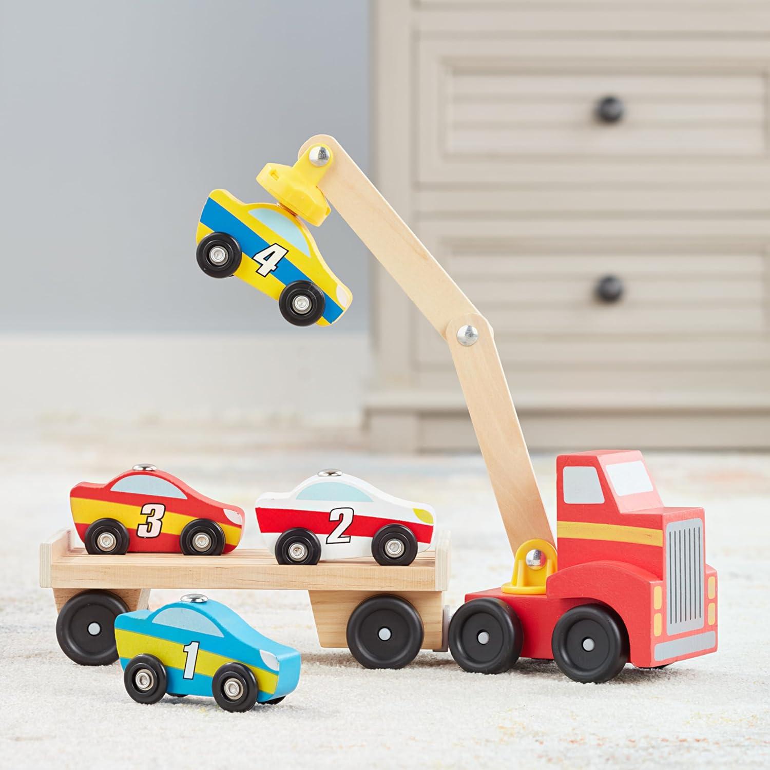 imageMelissa ampamp Doug Magnetic Car Loader Wooden Toy Set with 4 Cars and 1 SemiTrailer Truck Crane Wooden Toy Vehicle Toys for Kids Ages 3